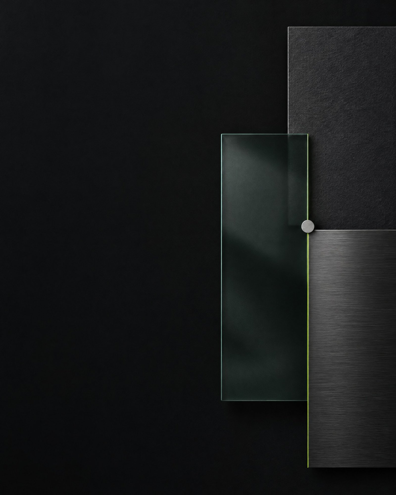 Abstract layered charcoal, forest and smoked-glass panels connected by a fine lime line on a dark background.
