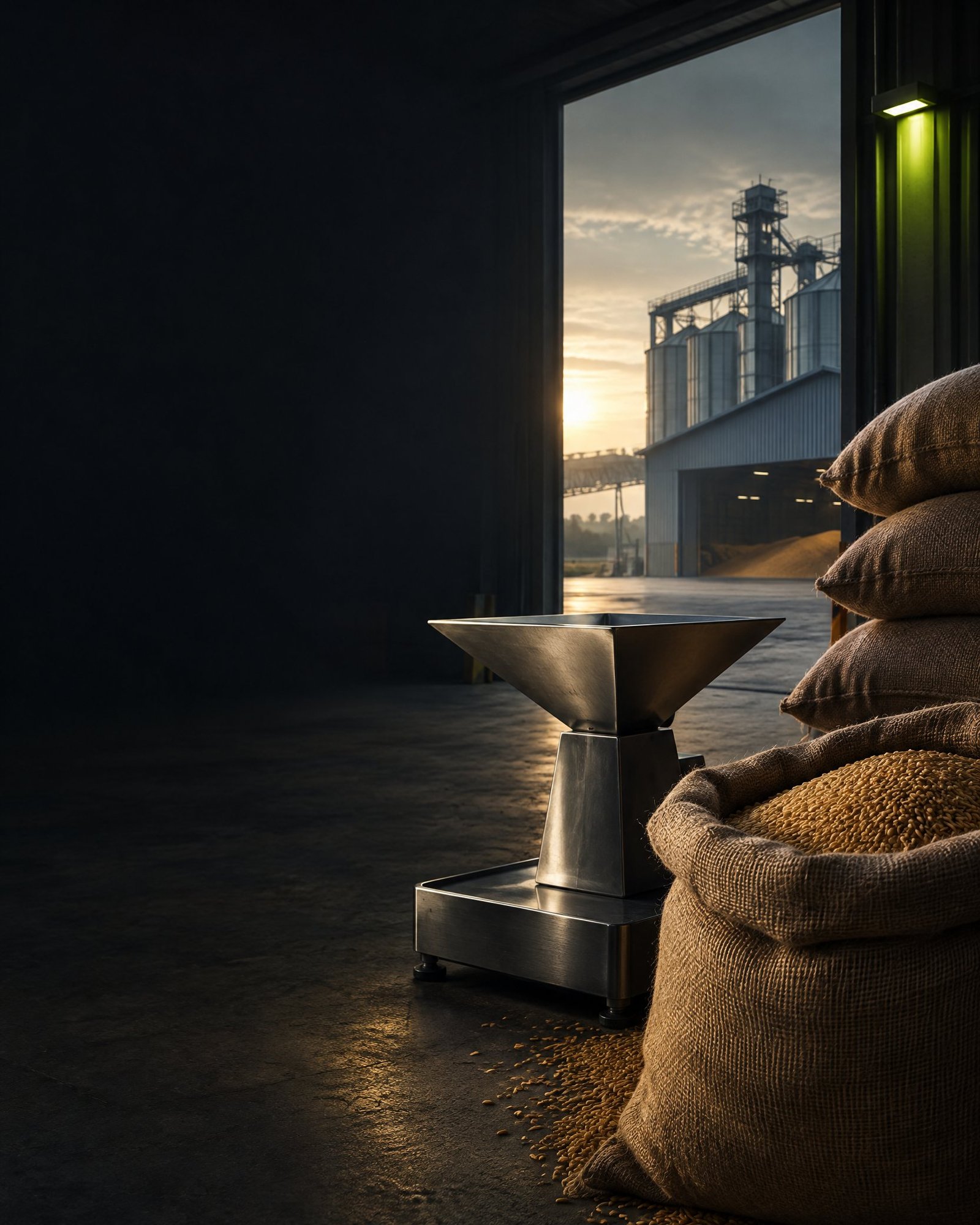 Jute grain sacks and an unmarked steel weighing form in a dark editorial grain-handling setting.