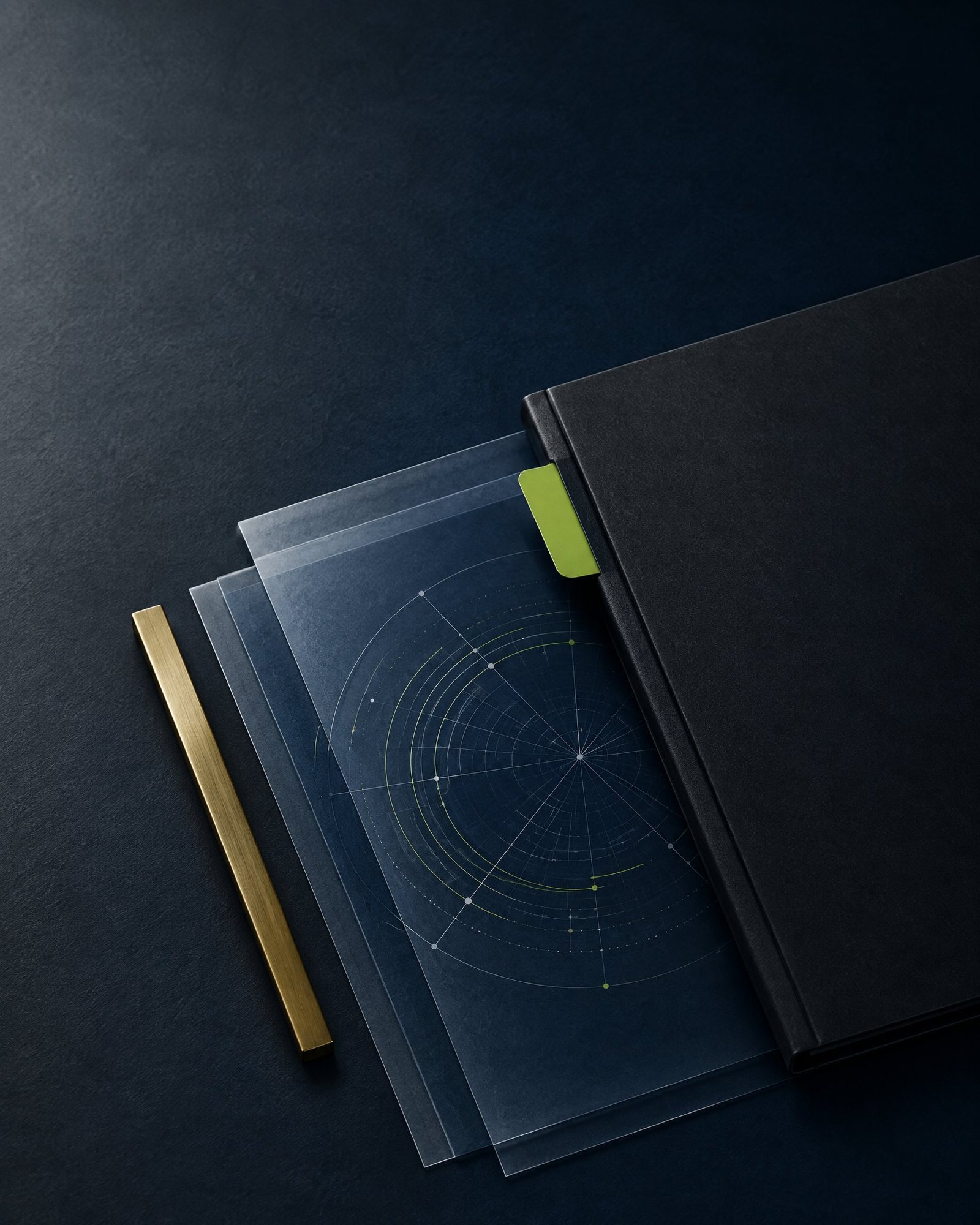 Abstract dark editorial still life with layered documents, brass rail and lime index tab.