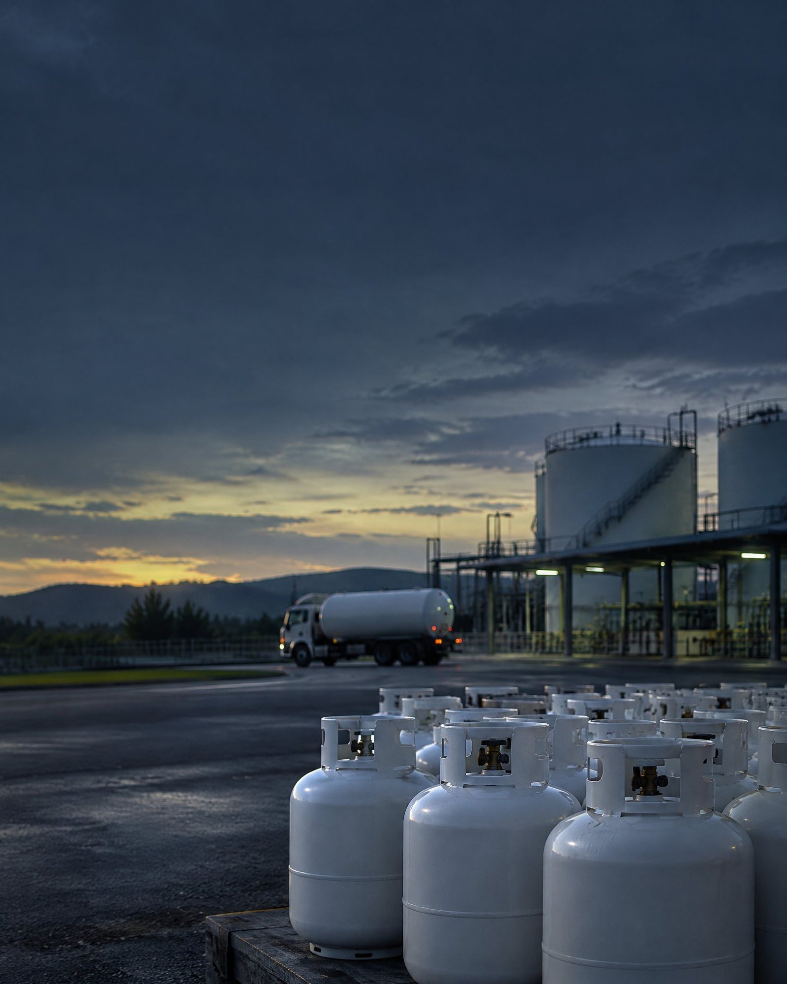 Unbranded LPG cylinders and a depot silhouette at twilight, composed against a dark charcoal background.