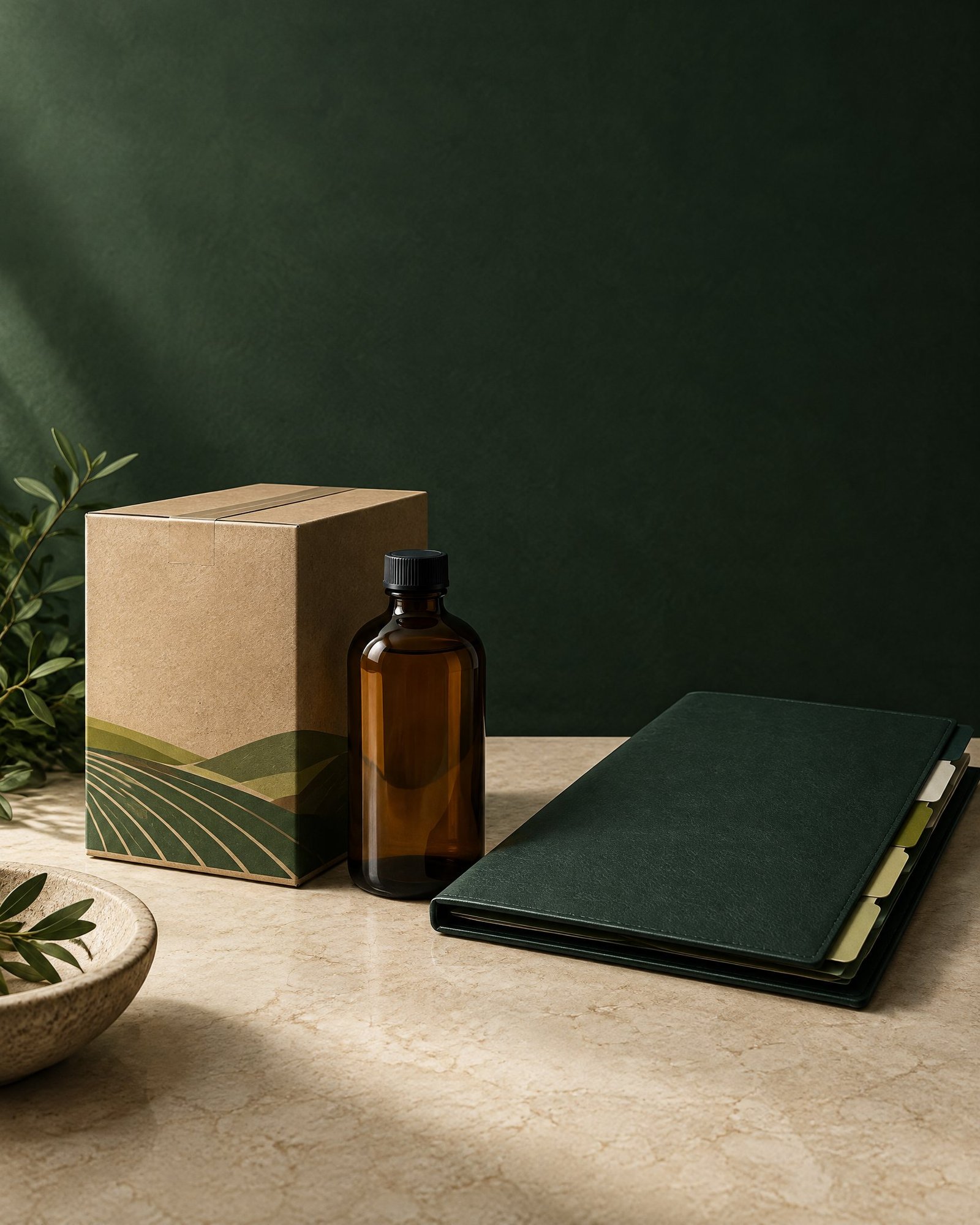 Unbranded agricultural product packaging beside a closed green regulatory record folio in a dark editorial still life.