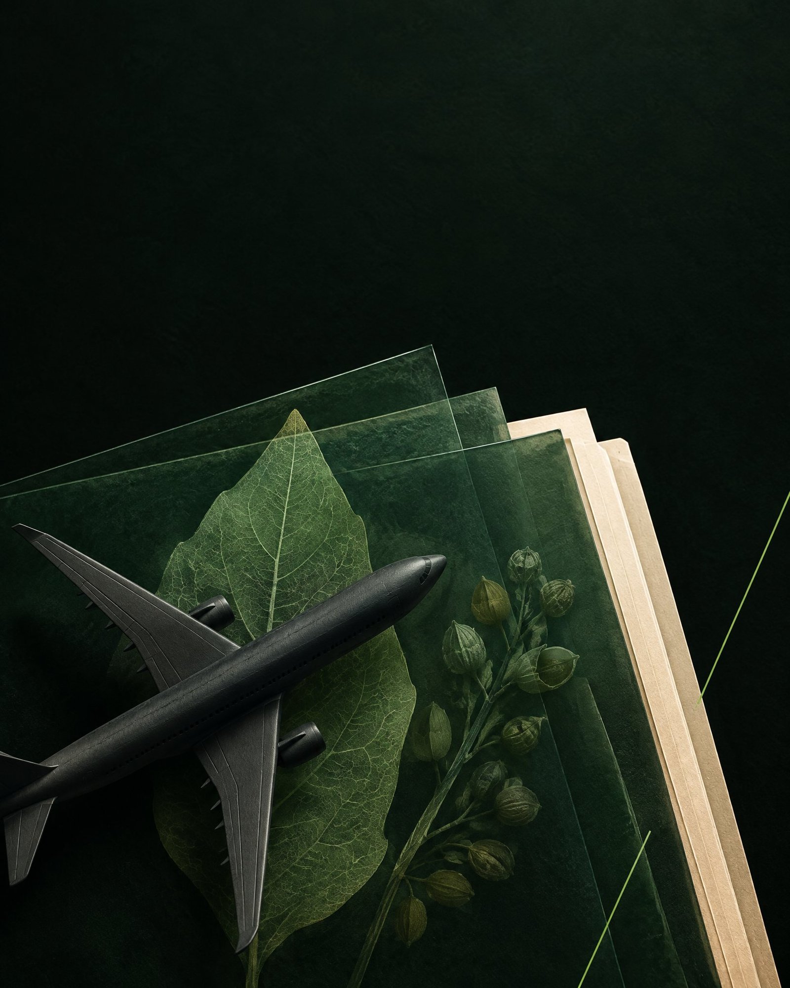 Abstract leaf and archival layers on a dark green field with open space for a page heading.