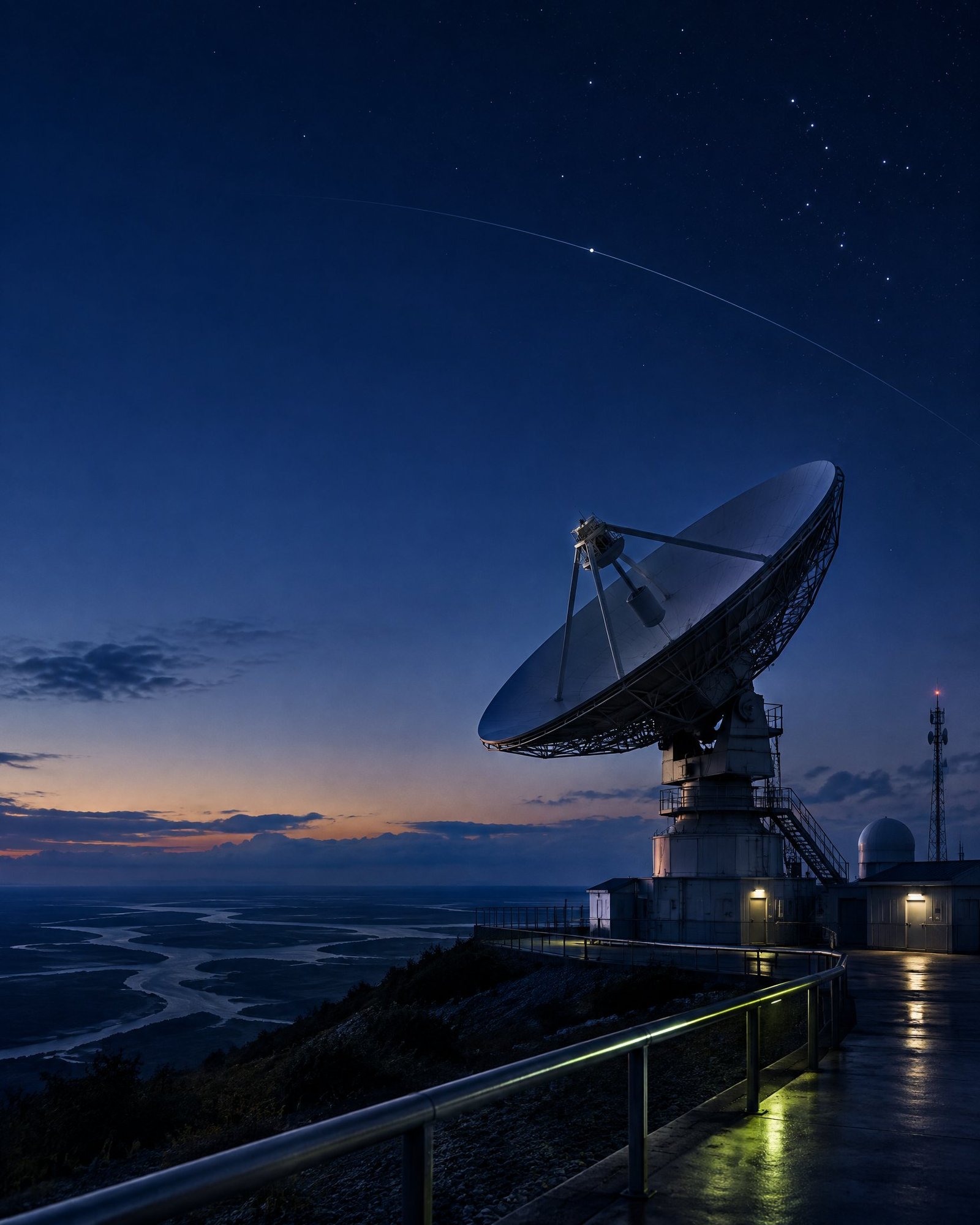 Parabolic satellite ground station beneath a dark blue-hour sky.