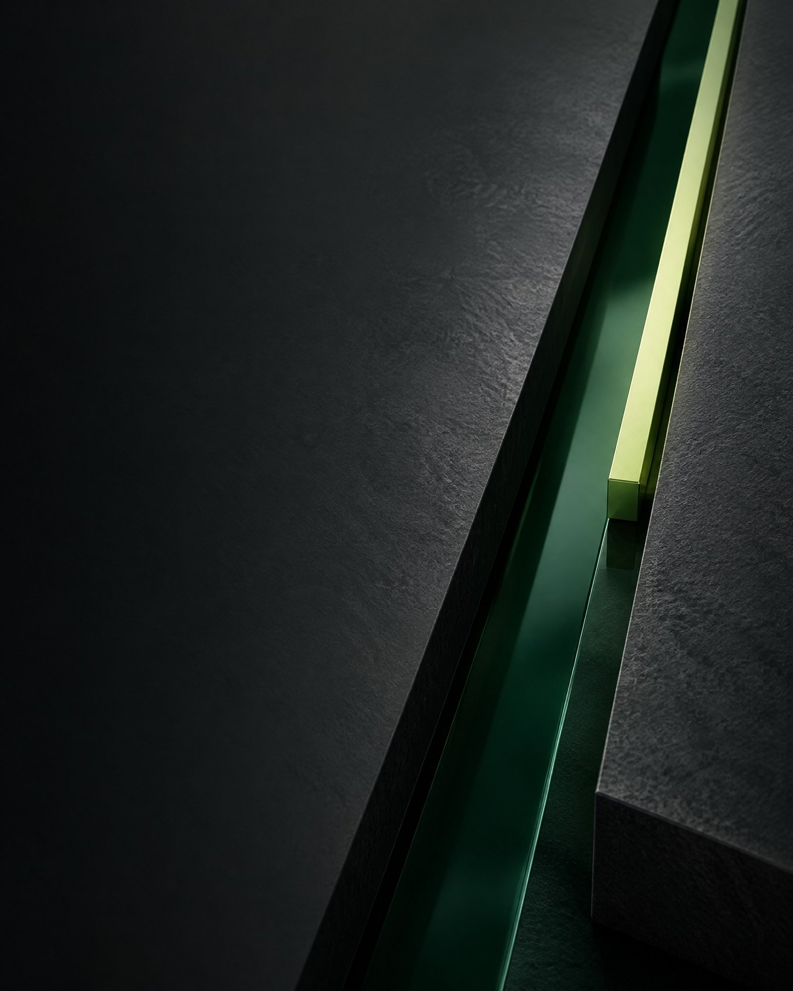 Abstract charcoal and forest-glass composition with two distinct planes and a slim lime directional rail.