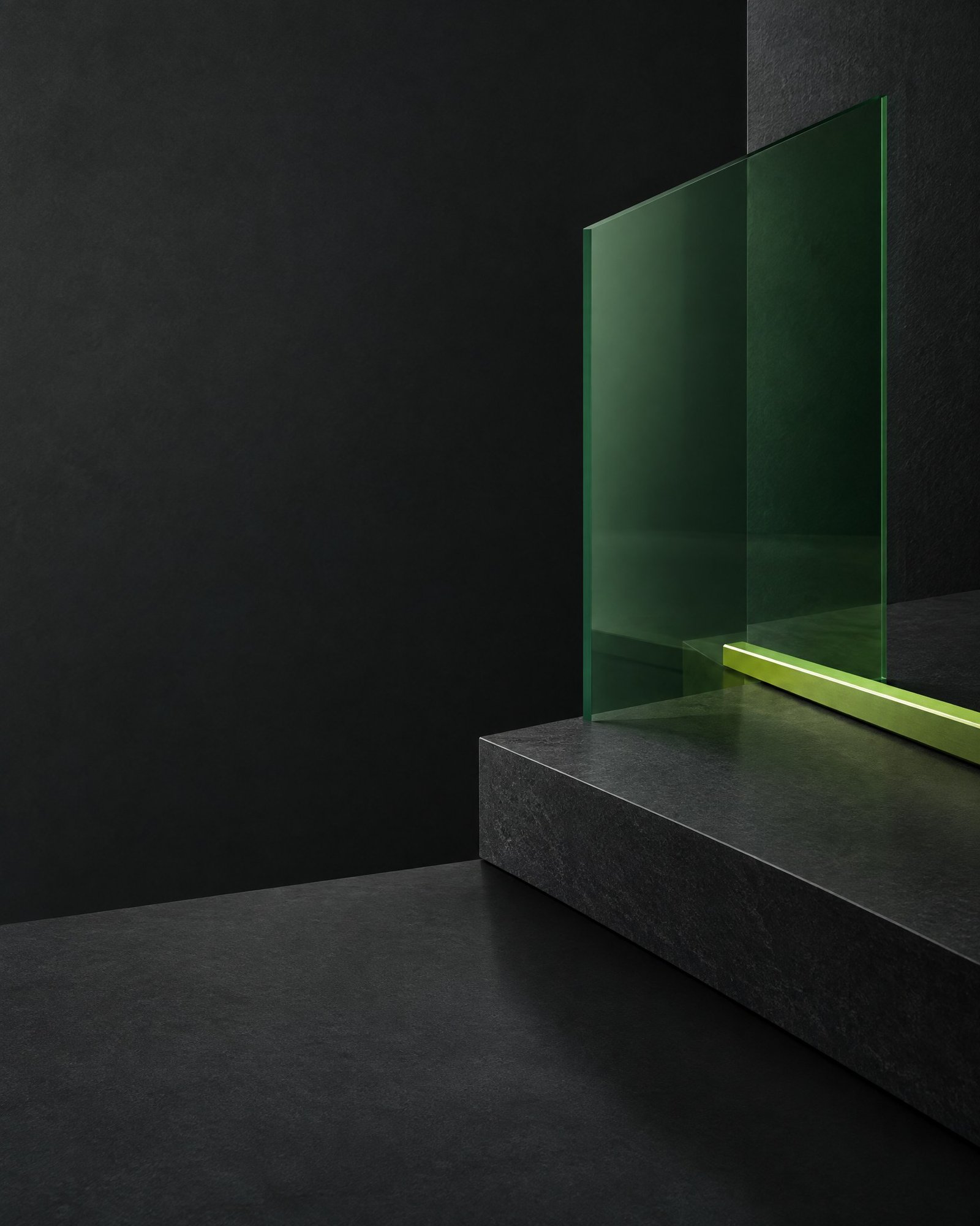 Abstract charcoal planes with a forest-green panel and a fine lime directional rail.