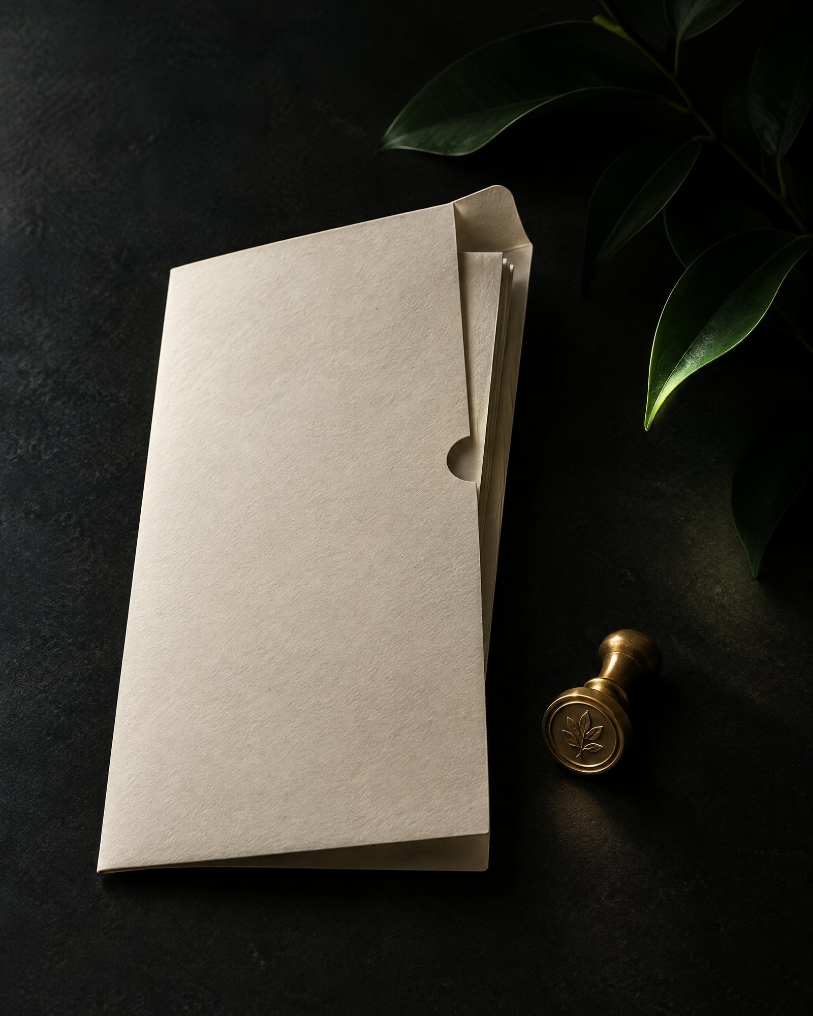 Unmarked archival document sleeve and brass control-seal impression on a dark desk with a botanical shadow.