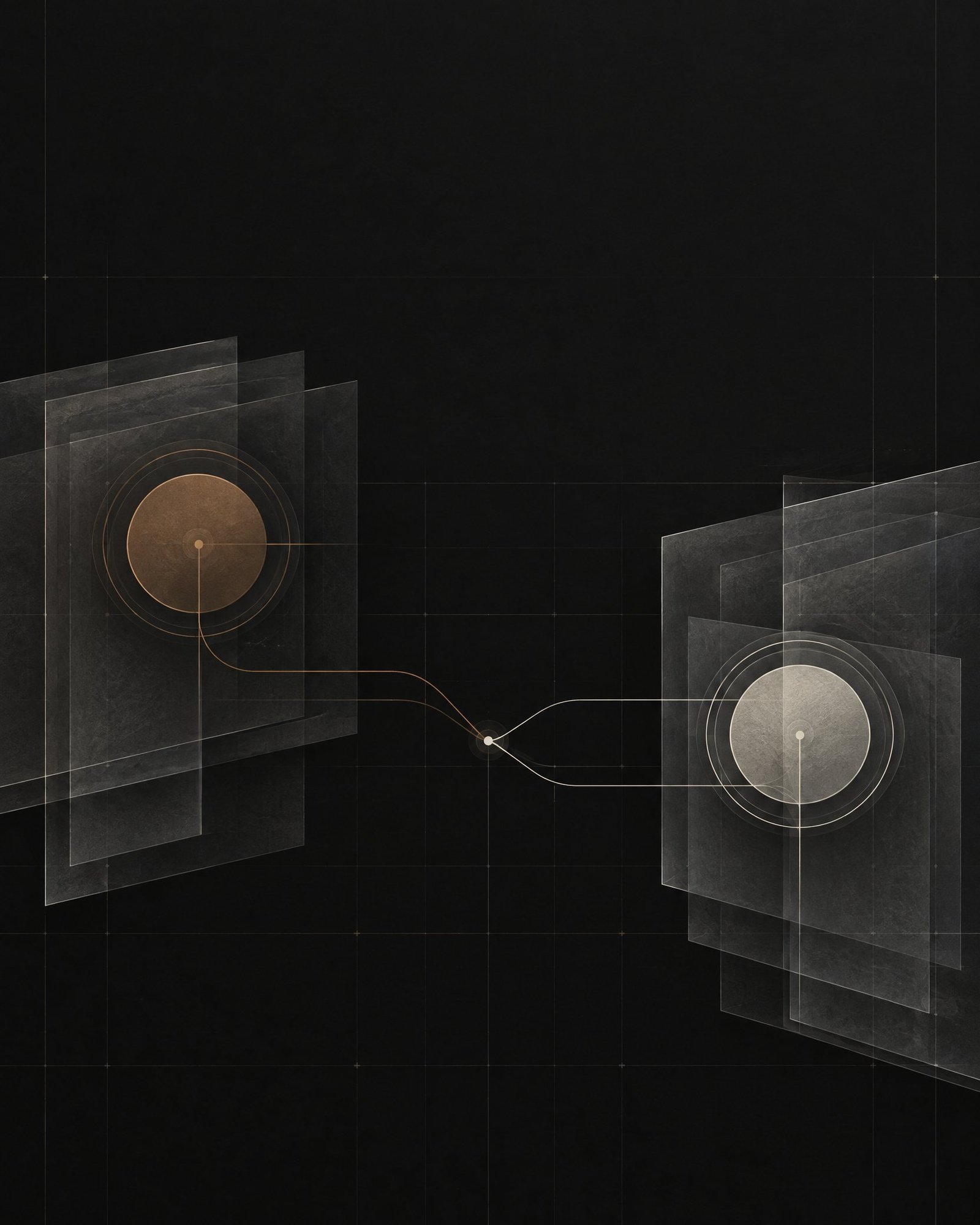 Abstract smoked-glass panels and separate circular nodes connected by fine lines on a dark ground.