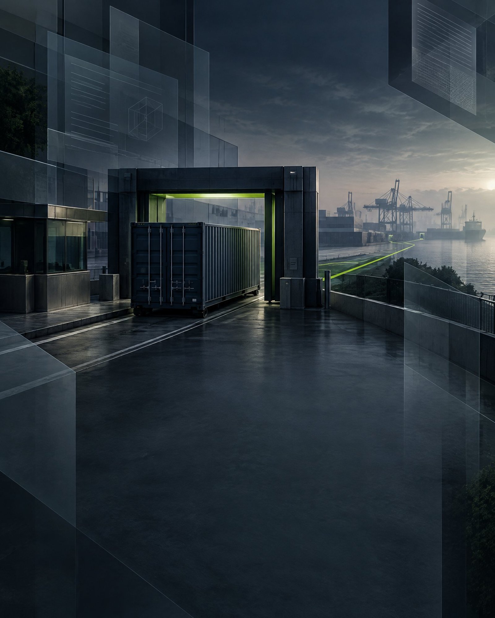 Abstract unbranded cargo unit passing through a dark framed gateway with a restrained lime route line.