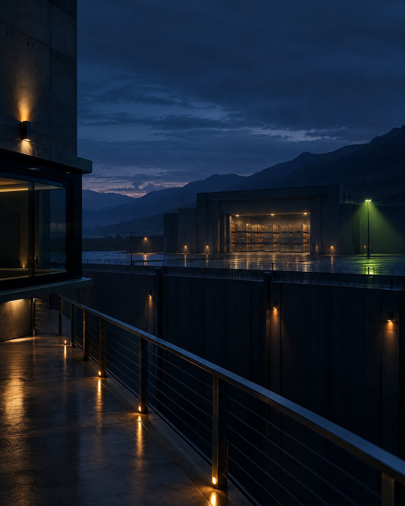 Abstract dark industrial containment structure at dusk with subtle amber lights.