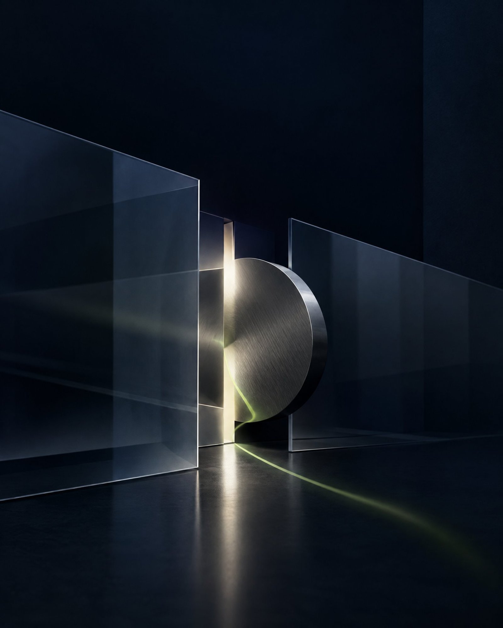 Abstract dark glass and metal composition with a restrained lime line moving through framed apertures.