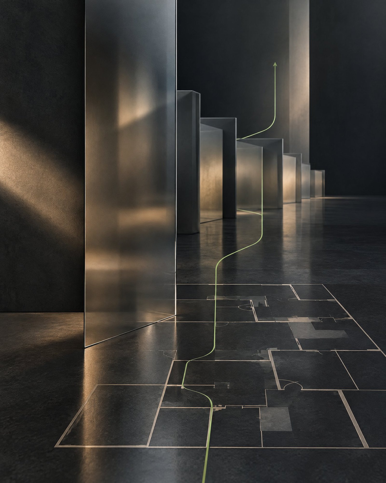 Abstract architectural composition representing a private healthcare-facility record decision path.