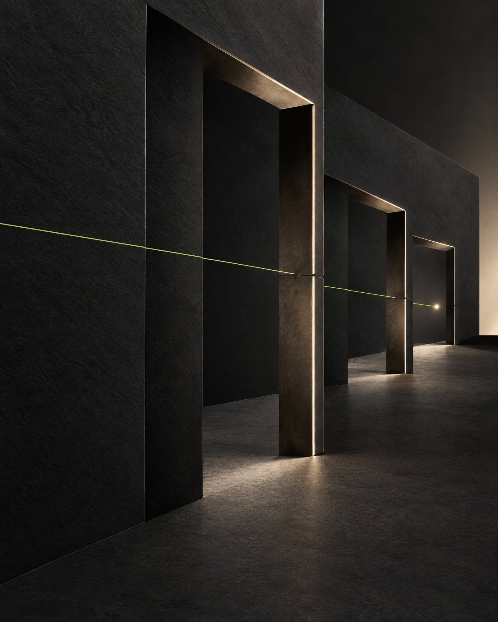 Abstract dark layered frames with a restrained lime line passing through three thresholds toward an ivory point.