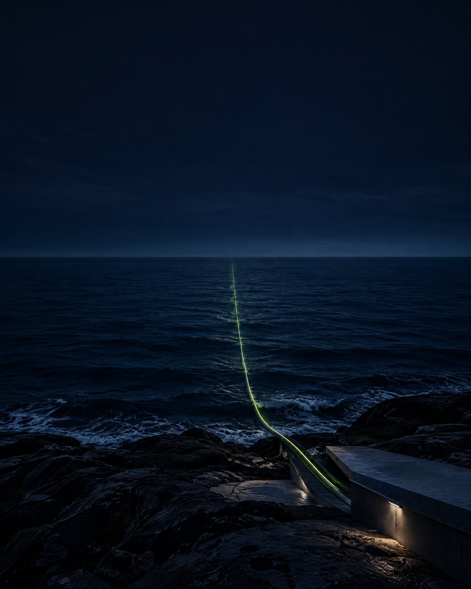 Abstract coastal night scene with a lime fibre line at a shadowed cable landing-station edge.