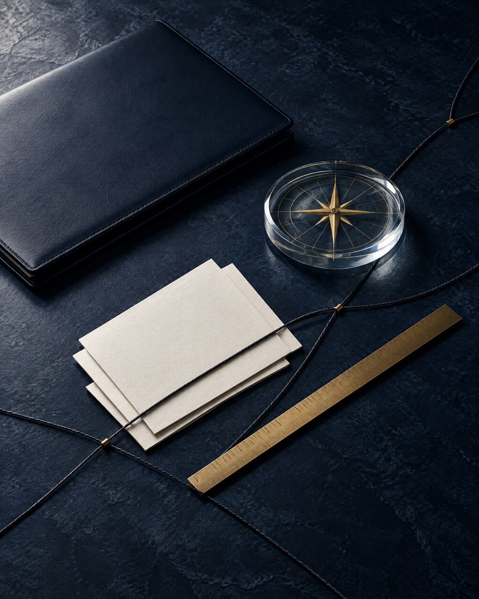 Abstract legal still life of blank materials, a glass disc and brass lines suggesting controlled cross-border fund distribution.