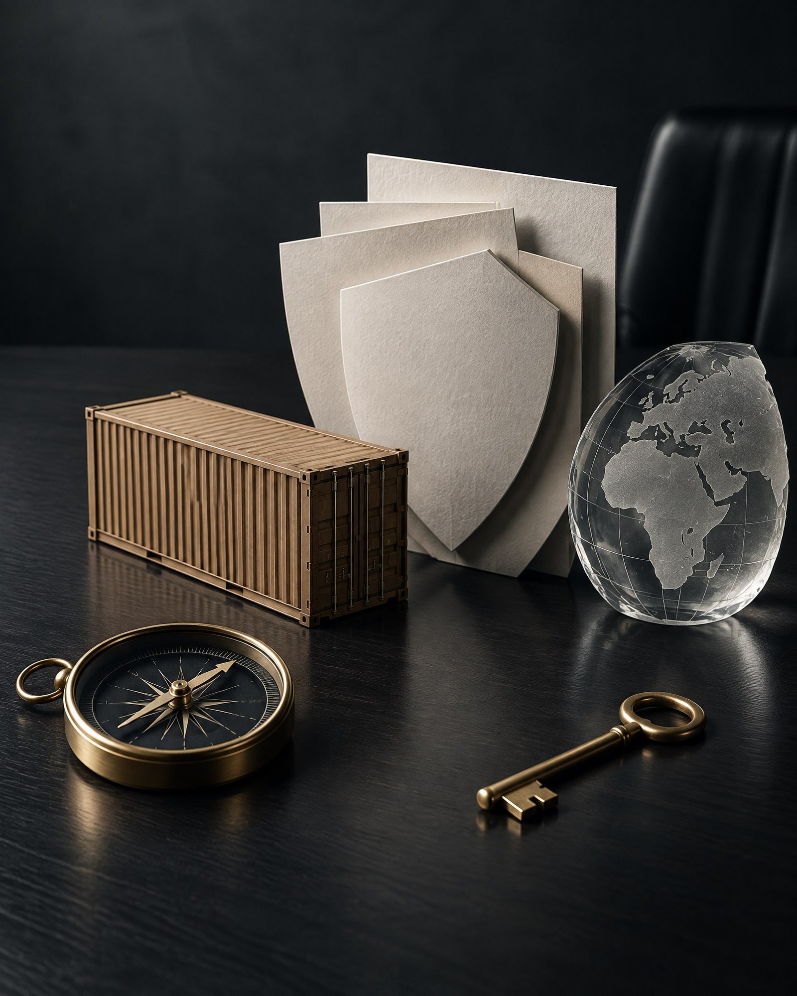 Editorial still life of abstract trade, finance and risk-allocation objects.