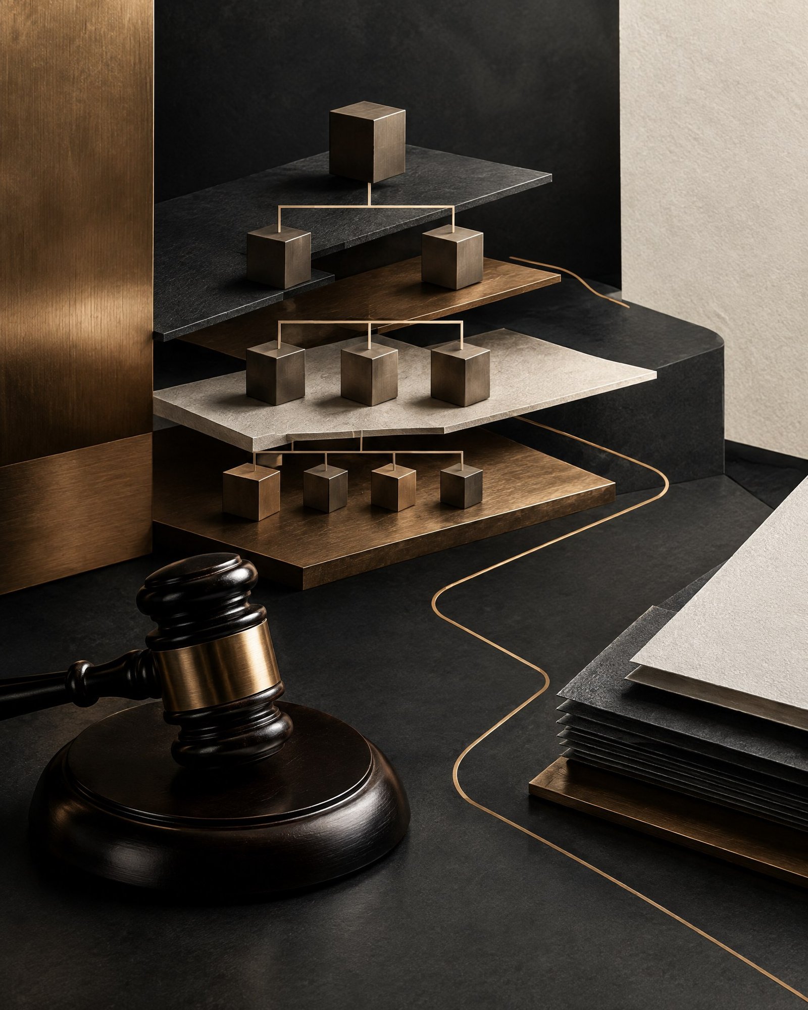 Abstract layered ownership routes in a dark editorial still life