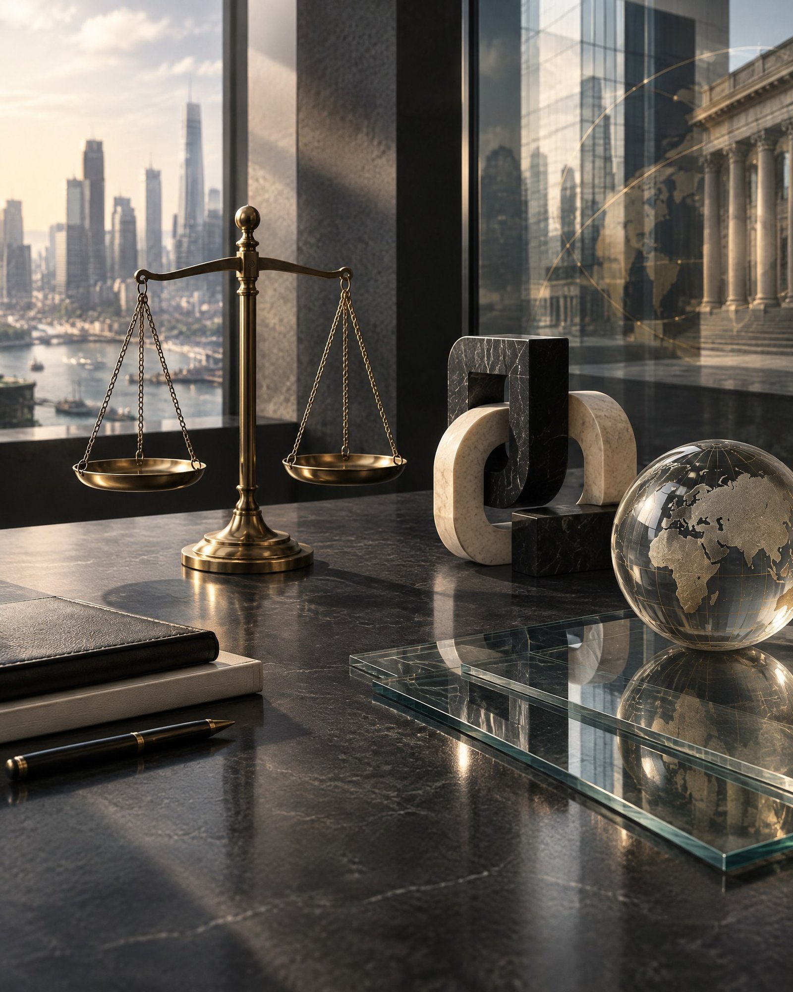 Abstract legal still life of layered glass, a brass balance and architectural reflections on a dark desk.
