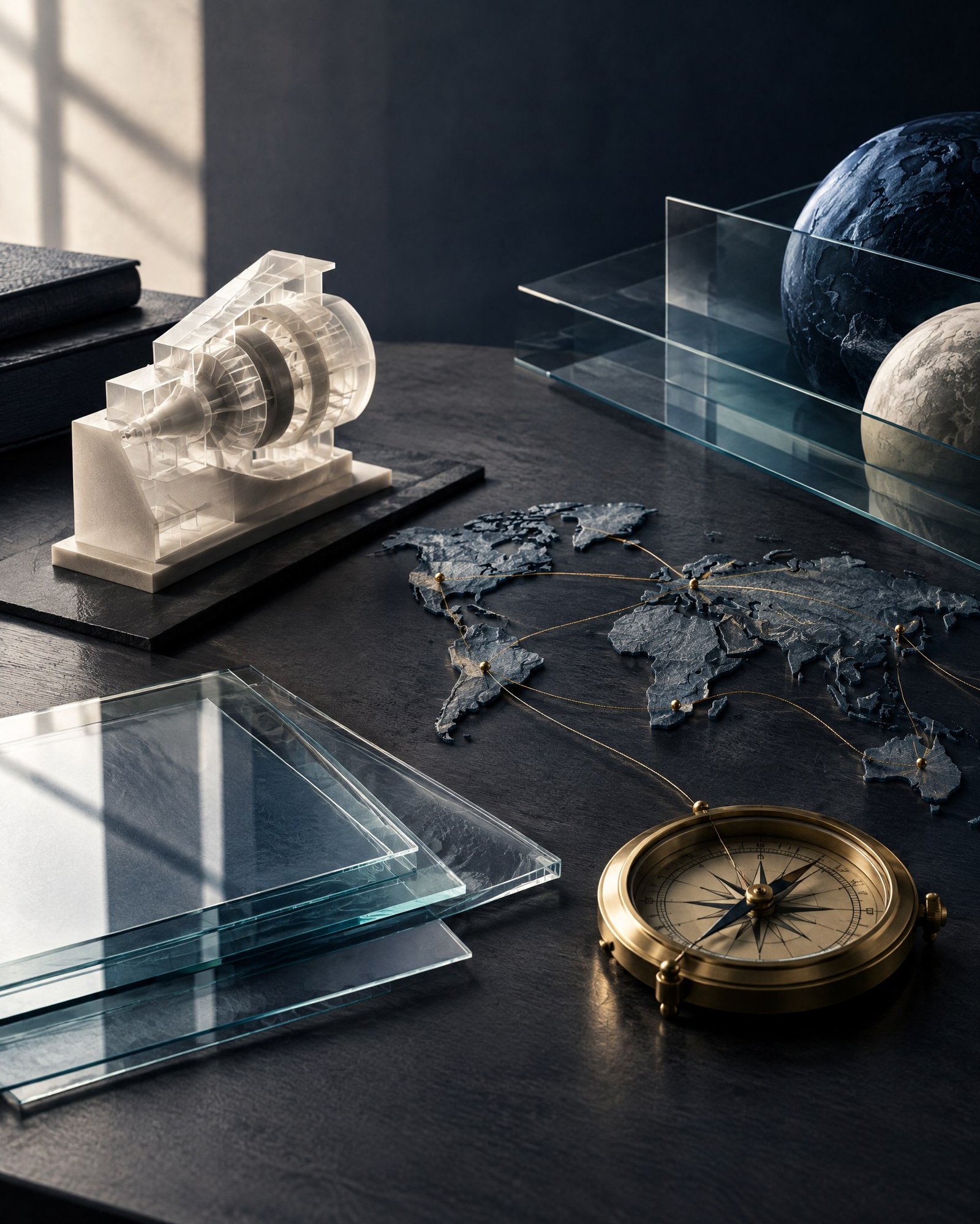 Abstract editorial still life of unmarked technical forms and layered glass suggesting multi-market patent-route coordination.