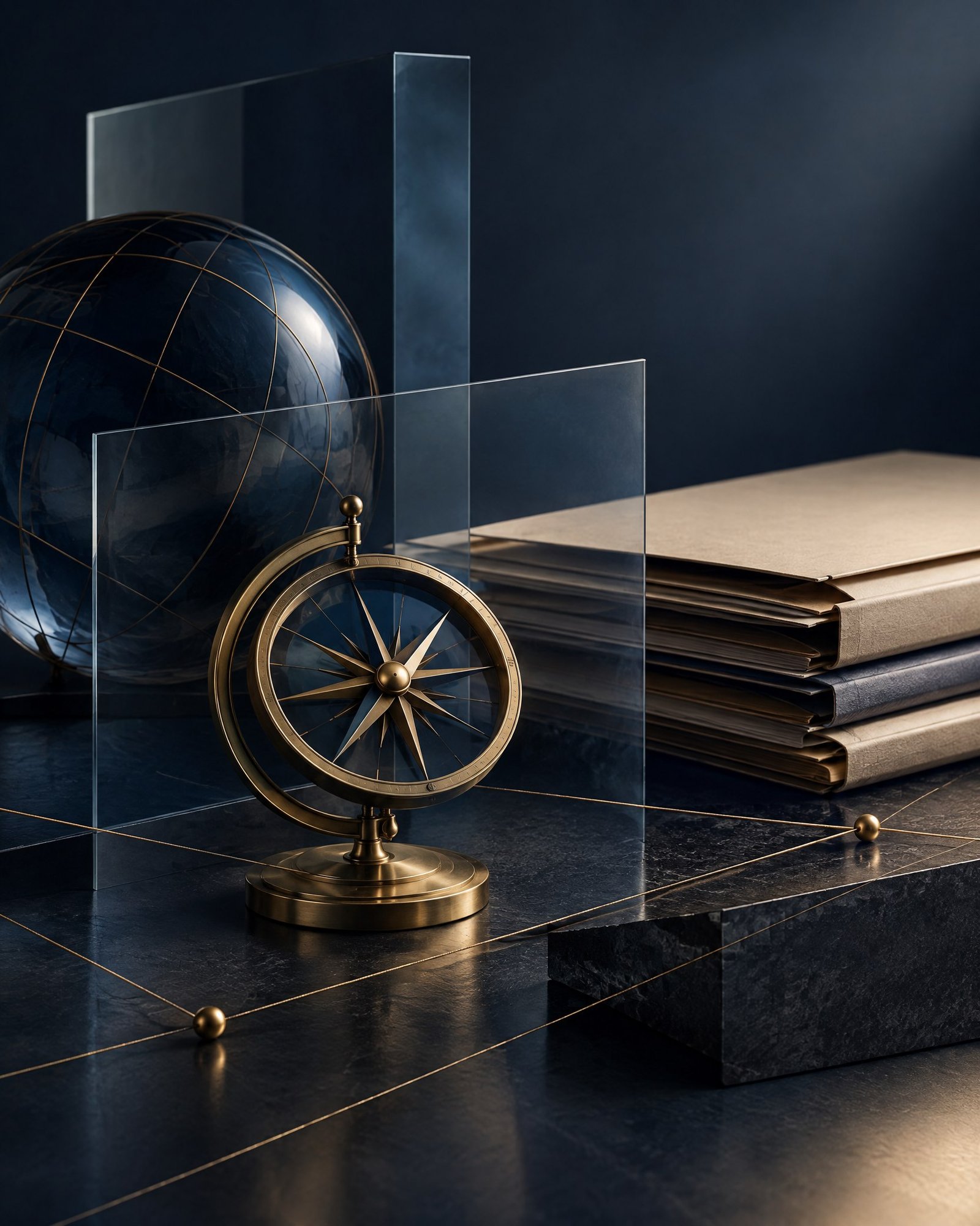 Editorial still life of layered glass, a brass instrument and unmarked archival folders.