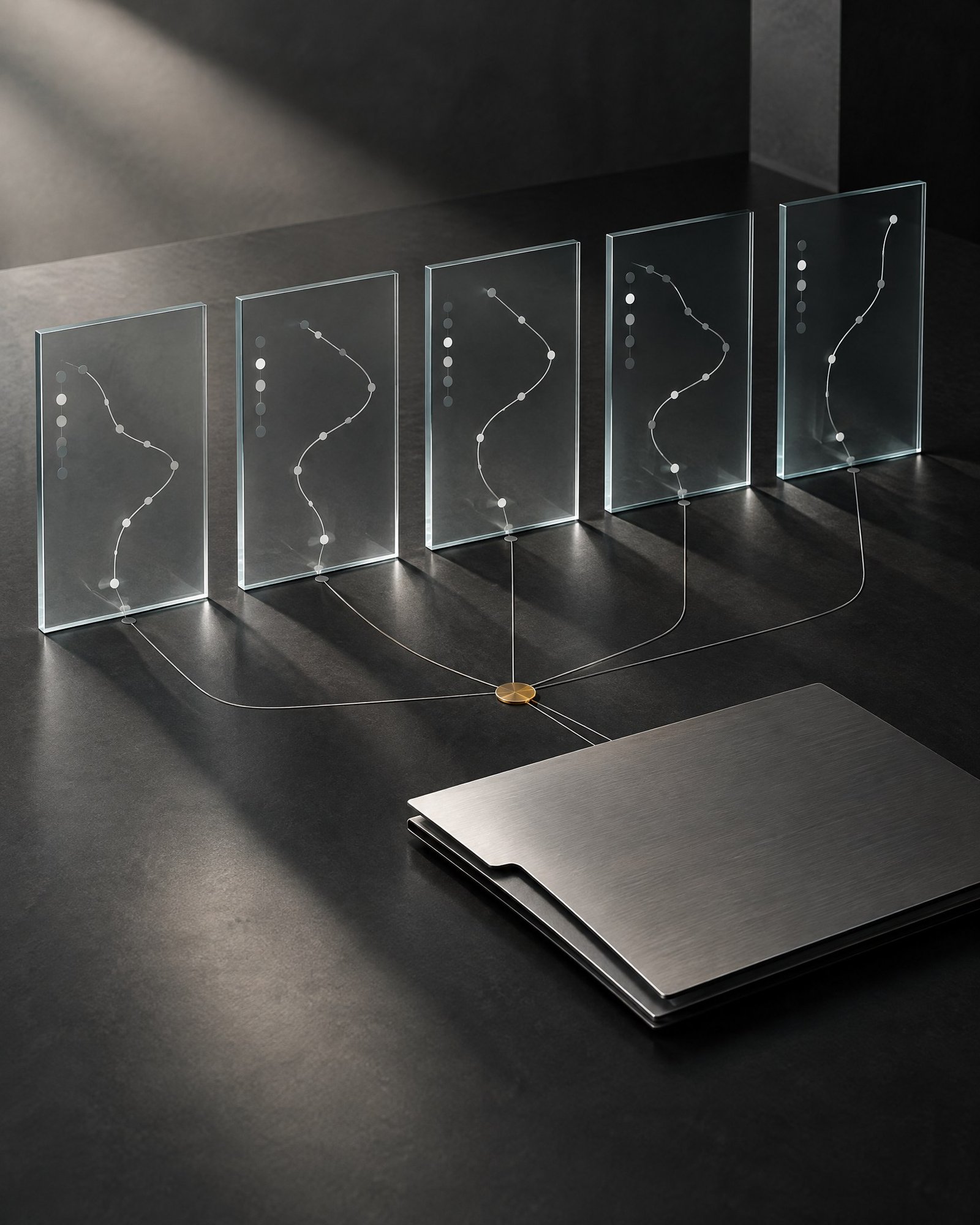 Dark editorial still life of aligned translucent panels, a metal folder form and a muted amber timing marker.