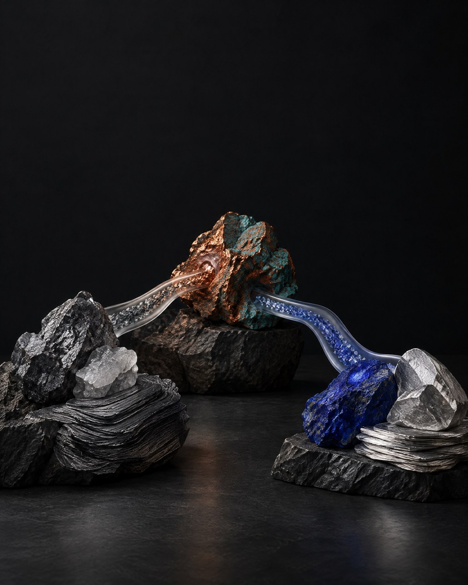 Abstract mineral-like layers and connected translucent pathways on a dark charcoal ground.