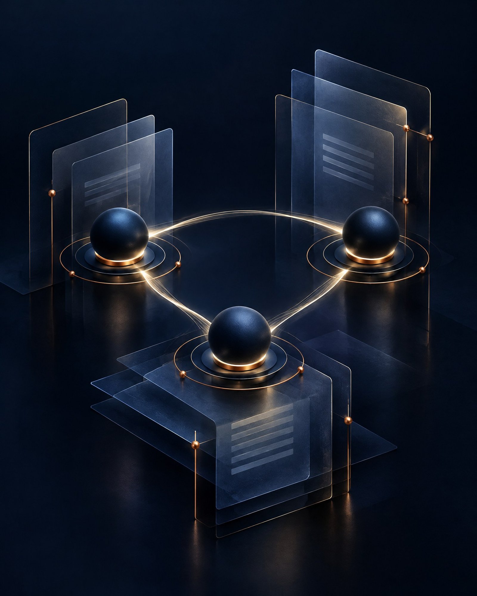Abstract midnight-indigo still life of unbranded luminous network nodes and layered translucent panels connected by fine copper lines.