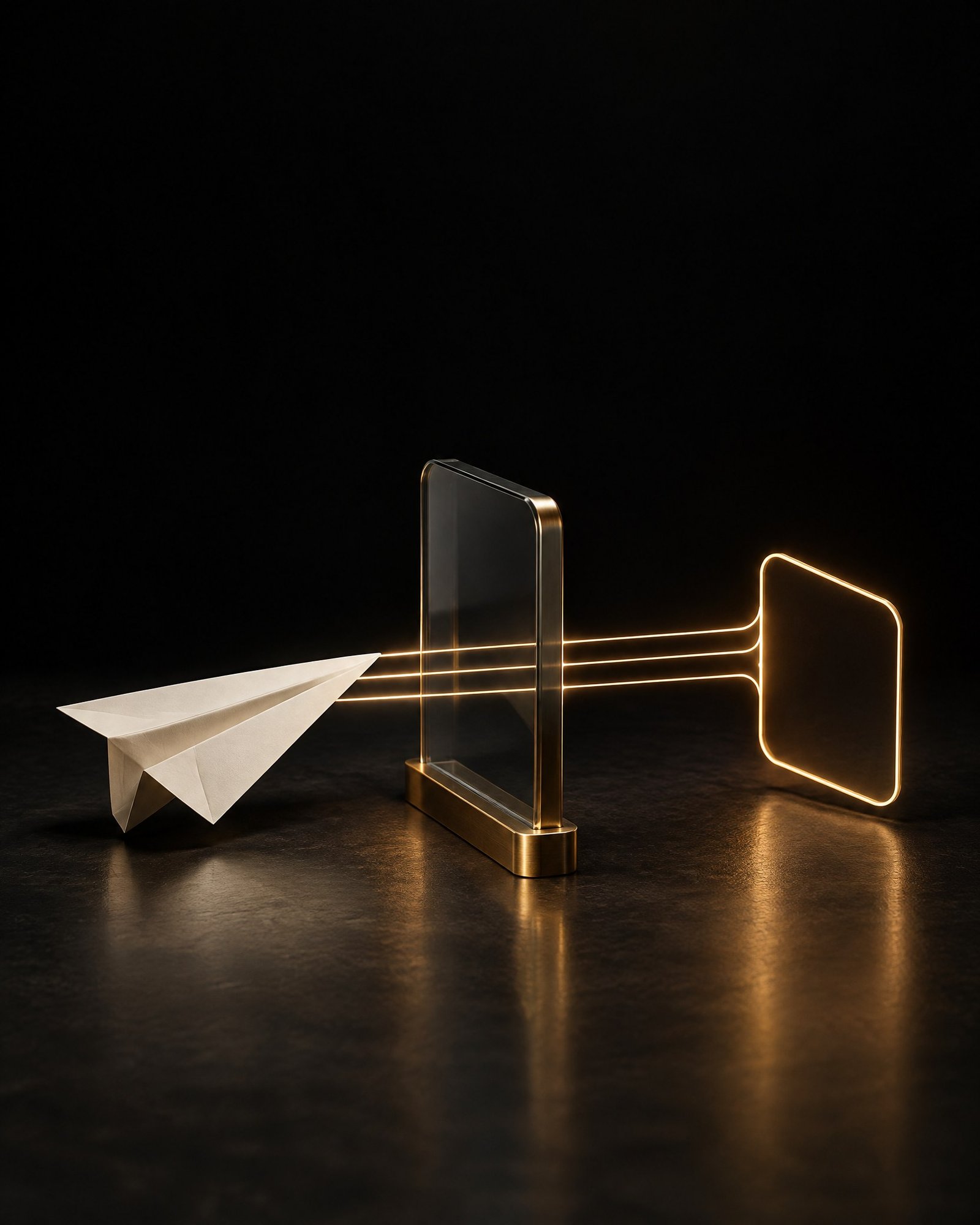 Abstract ivory record form with restrained amber control paths on a deep ink-black background.