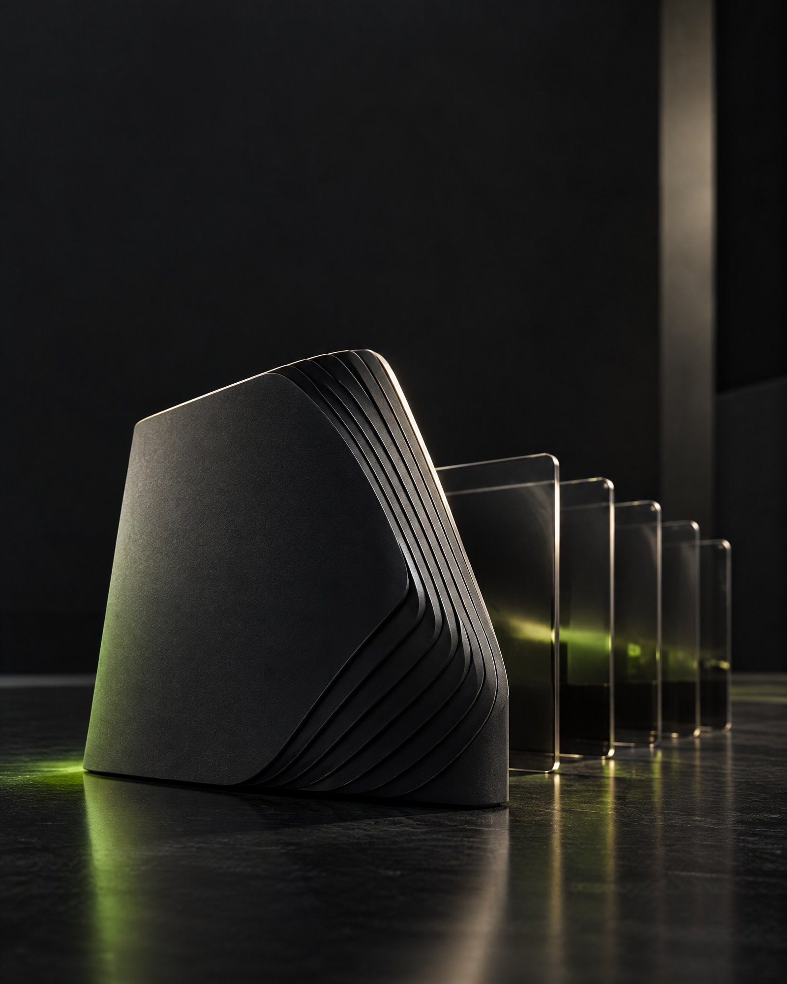 Abstract graphite geometric form beside translucent smoked-glass cards in a dark editorial still life.