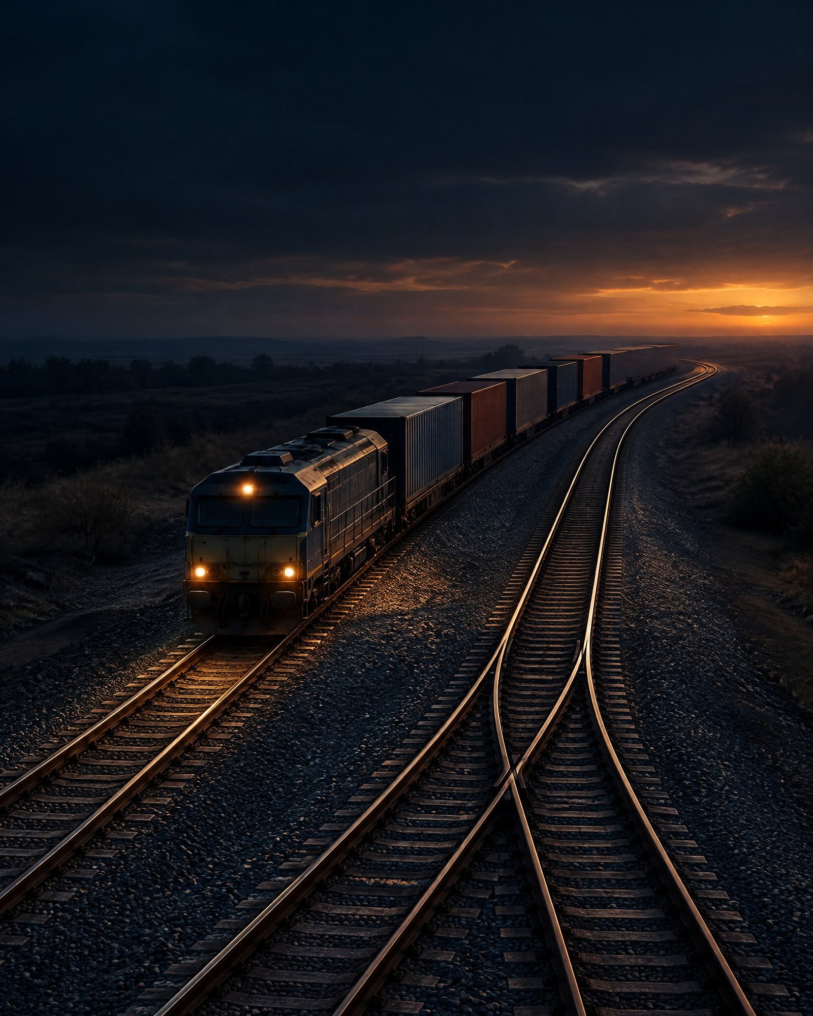 Dark editorial view of unmarked freight wagons crossing converging tracks at a rail junction.