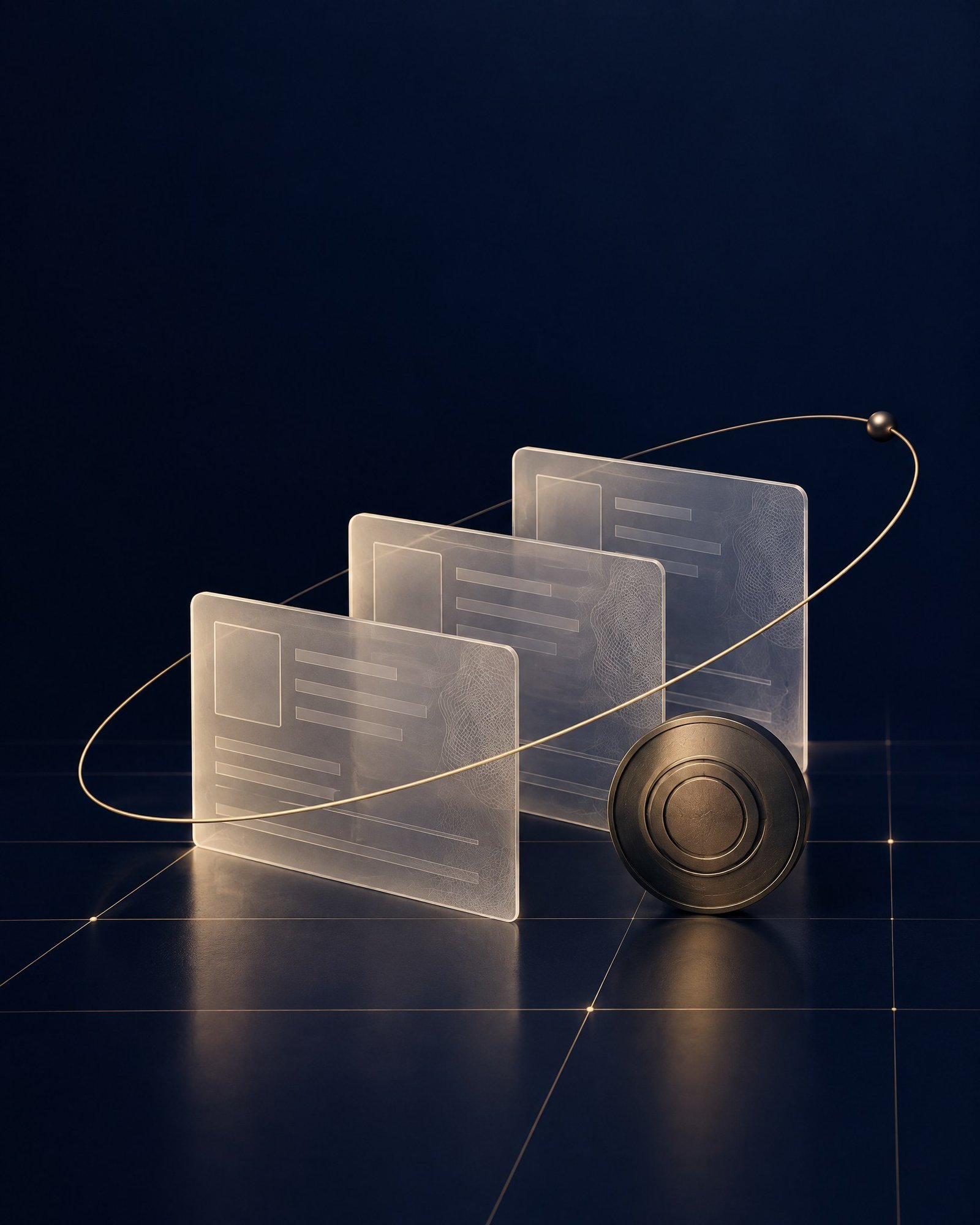 Abstract unmarked translucent cards with a brass orbital line on a midnight-indigo background