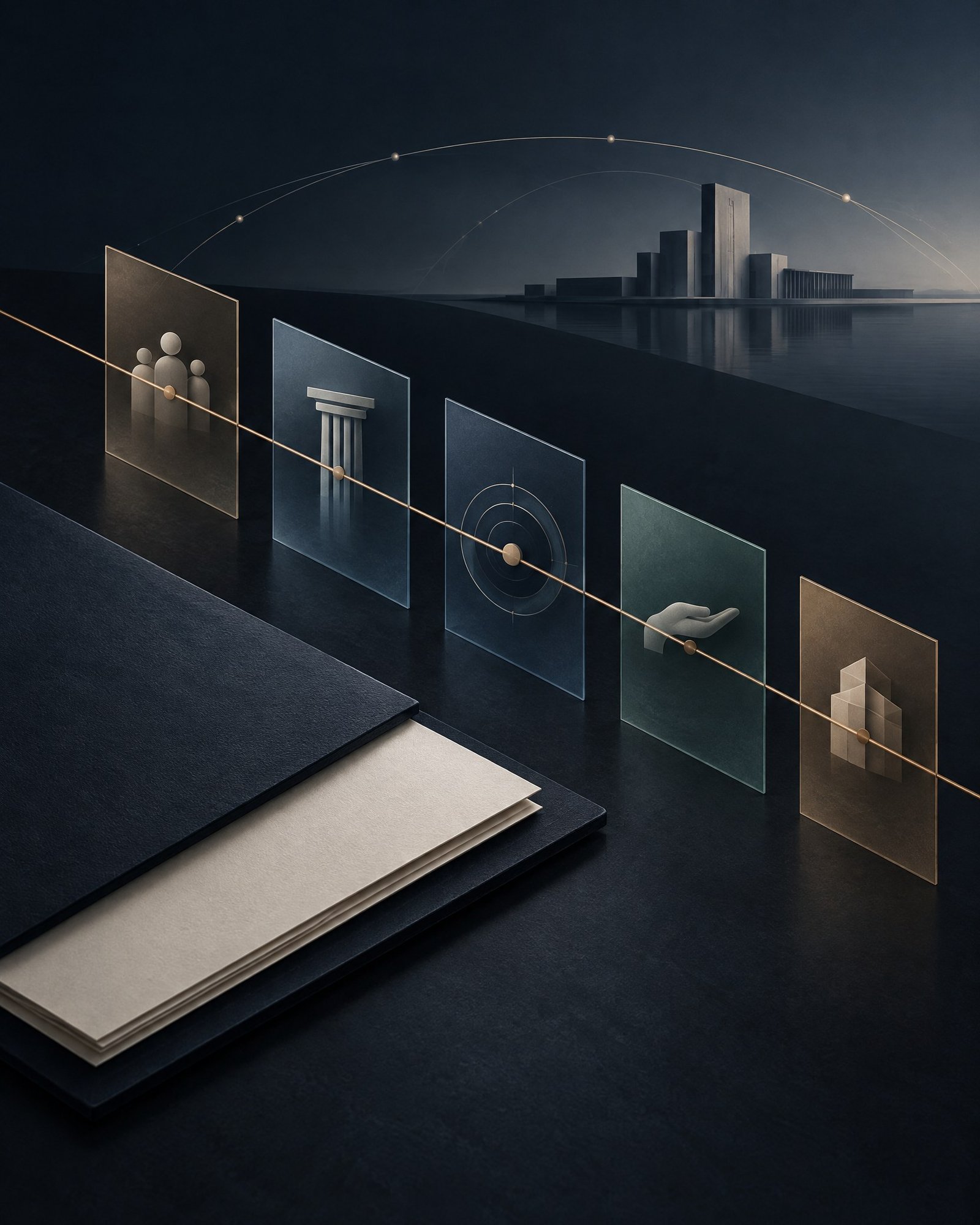 Abstract layered contract folio with five translucent panels on a dark ground.