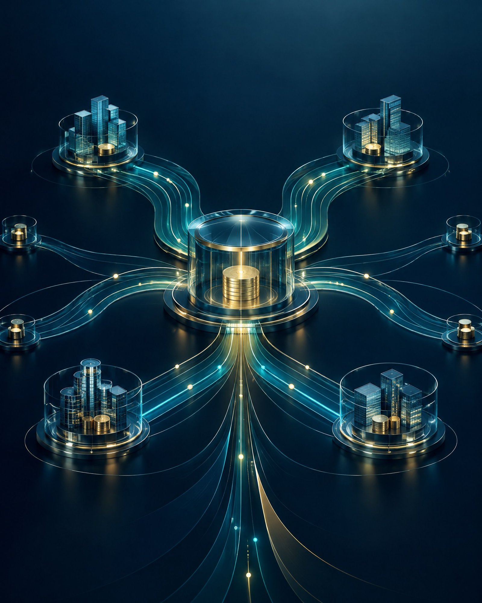 Cross-Border Corporate Treasury, Cash Pooling & In-House Bank Arrangements Abstract global treasury network showing connected liquidity channels between corporate entities