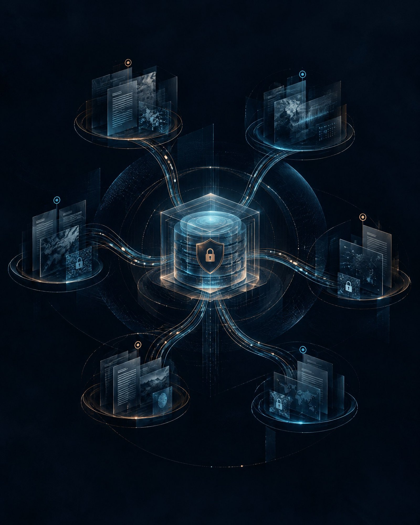 Abstract global information pathways converging into protected evidence layers for cross-border evidence preservation and privilege coordination