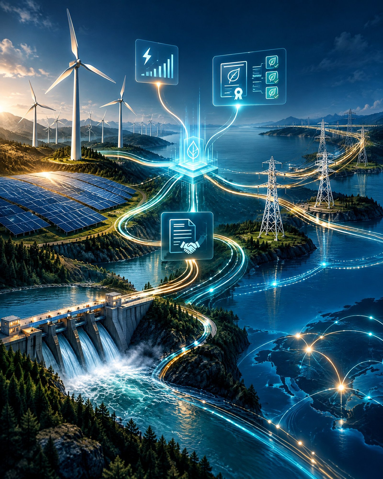 Abstract global electricity network linking renewable generation, grid infrastructure and energy-attribute data flows.