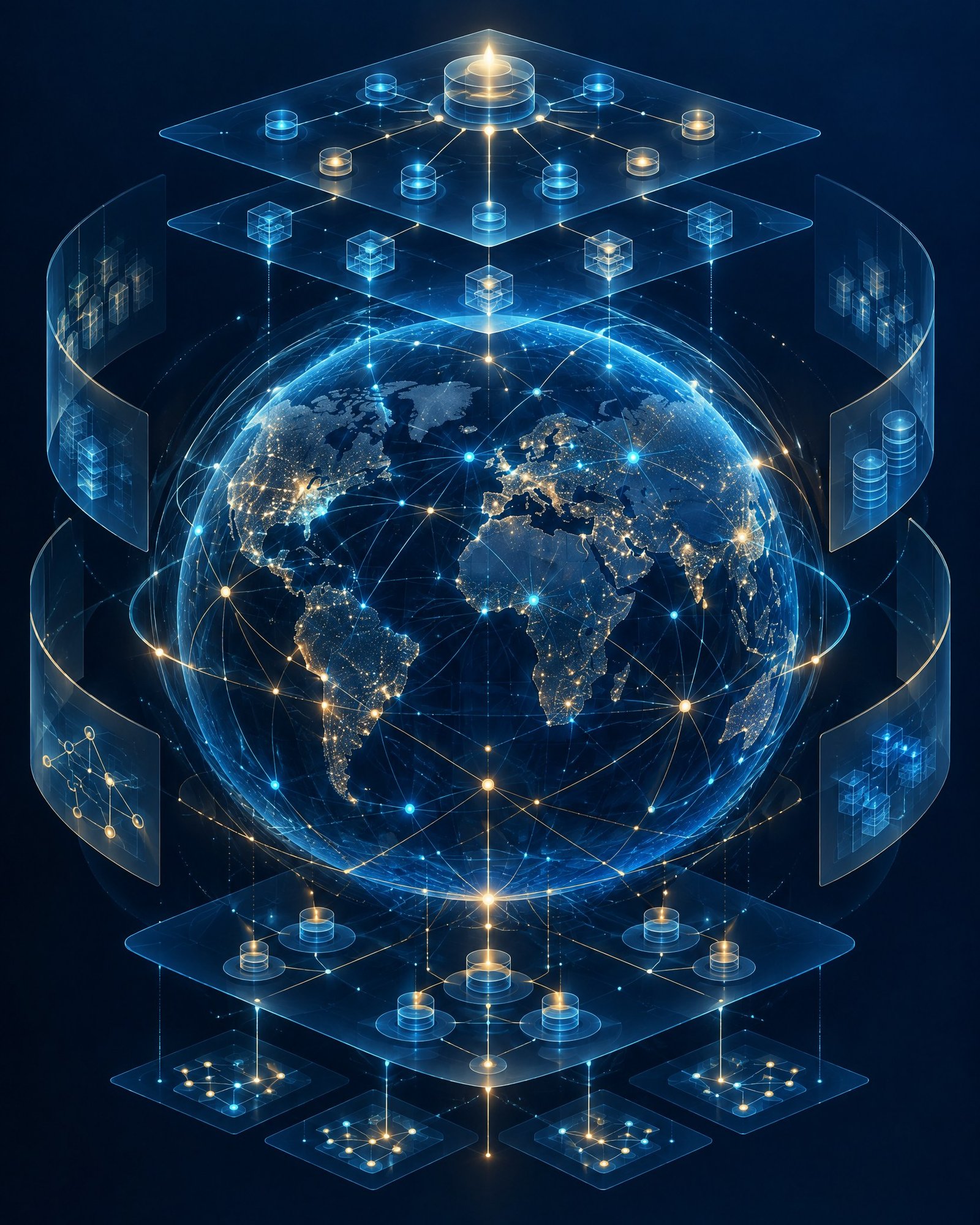 Abstract global DNS network showing governed domain-name connections and protected digital infrastructure