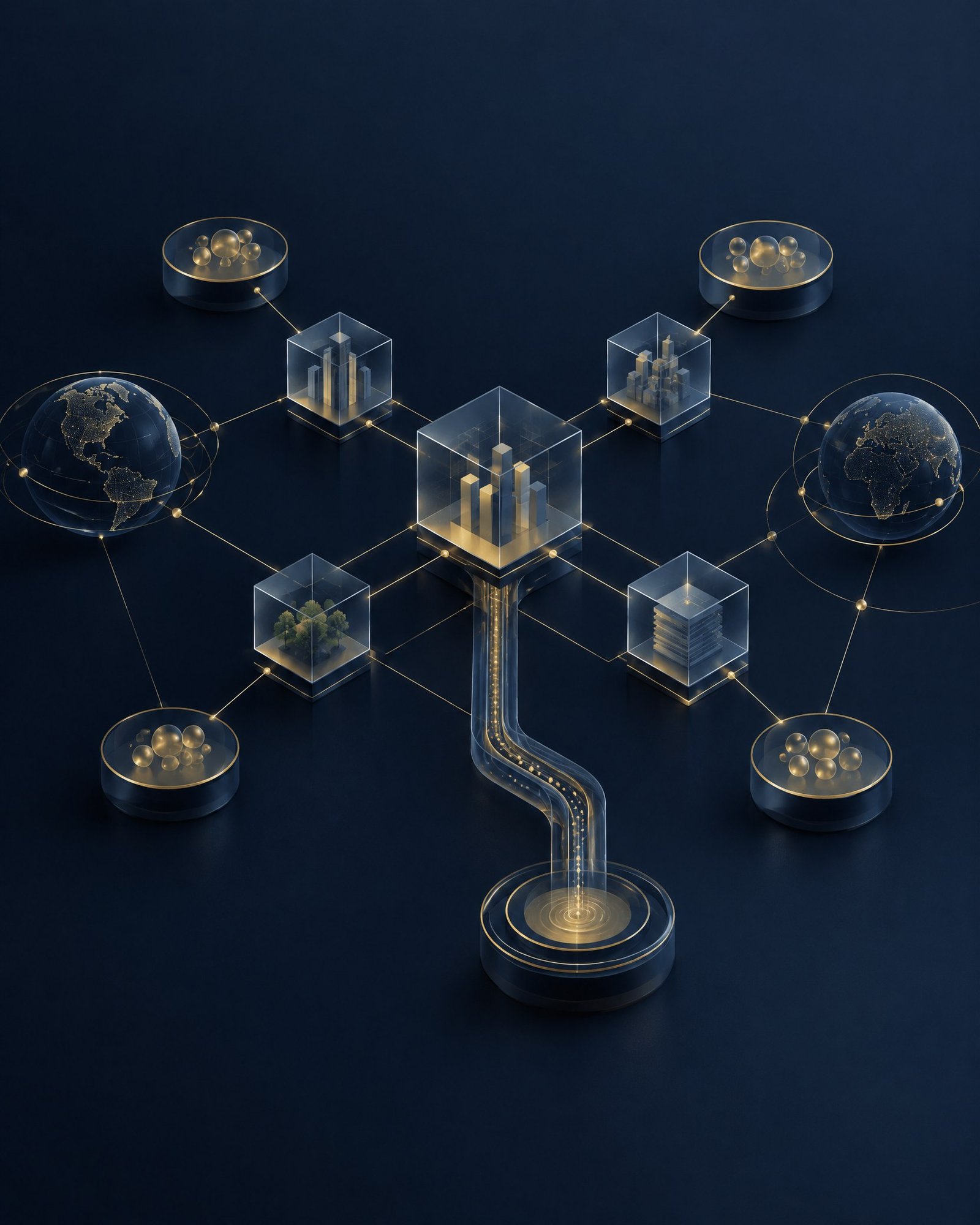 Abstract global financial network of capital commitments, fund entities and facility flows