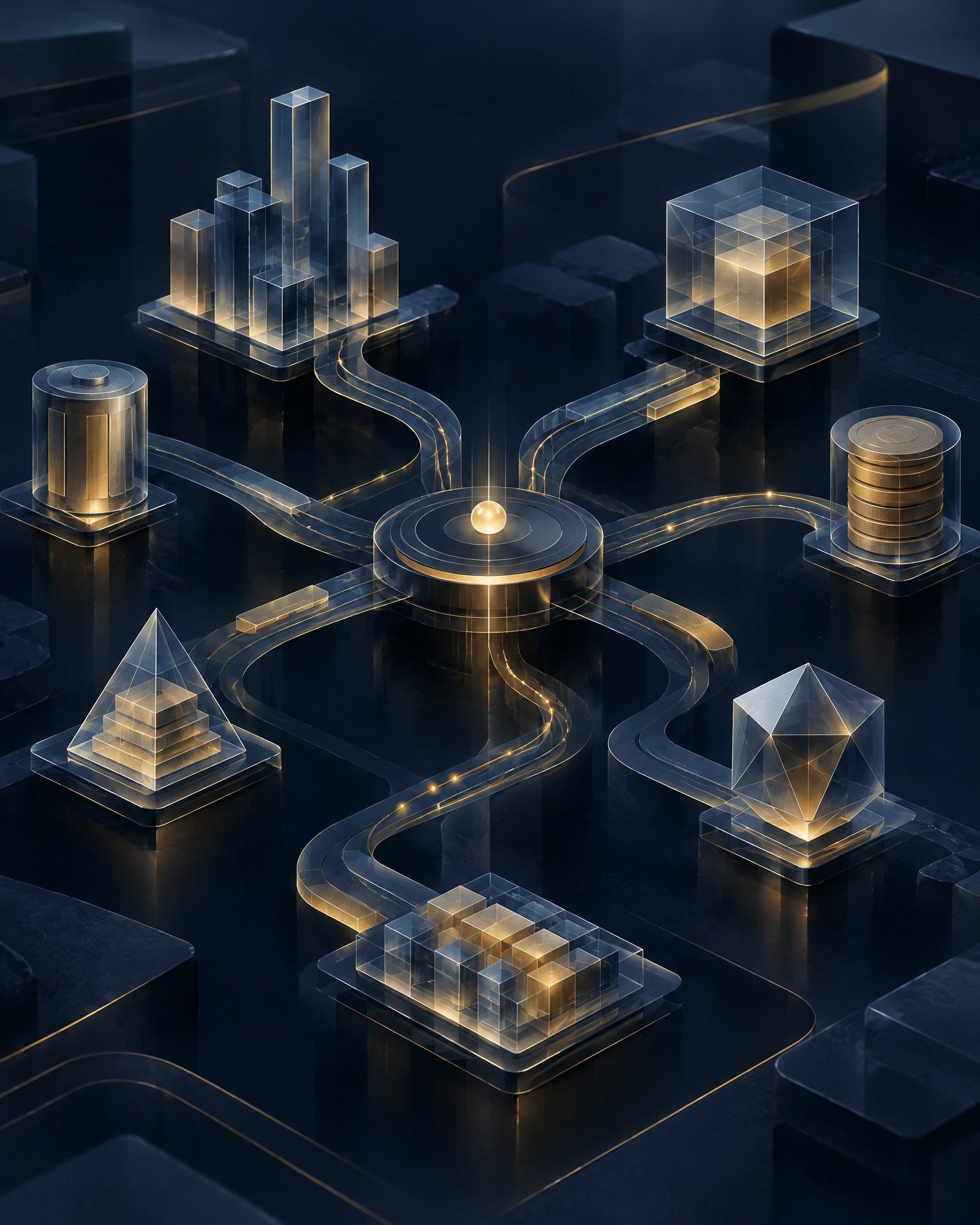 Abstract global network of layered asset nodes and coordinated connection paths representing cross-border security and creditor coordination