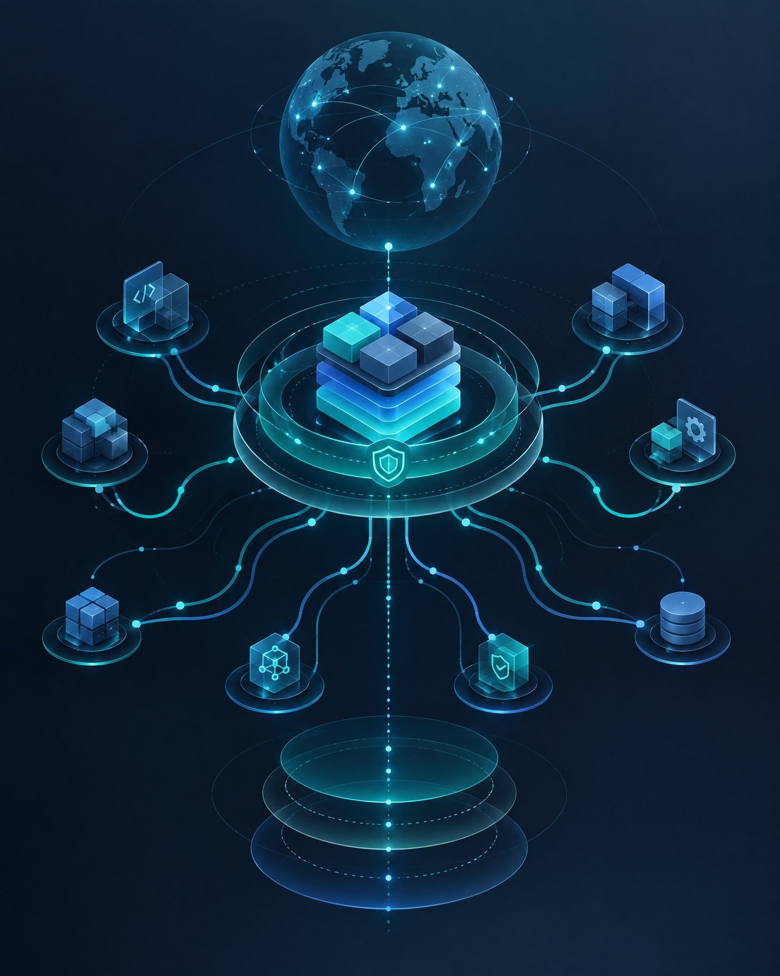 Open-Source Software Licence Compliance & Software Supply-Chain Governance Abstract global software dependency network with interlocking components and governance pathways