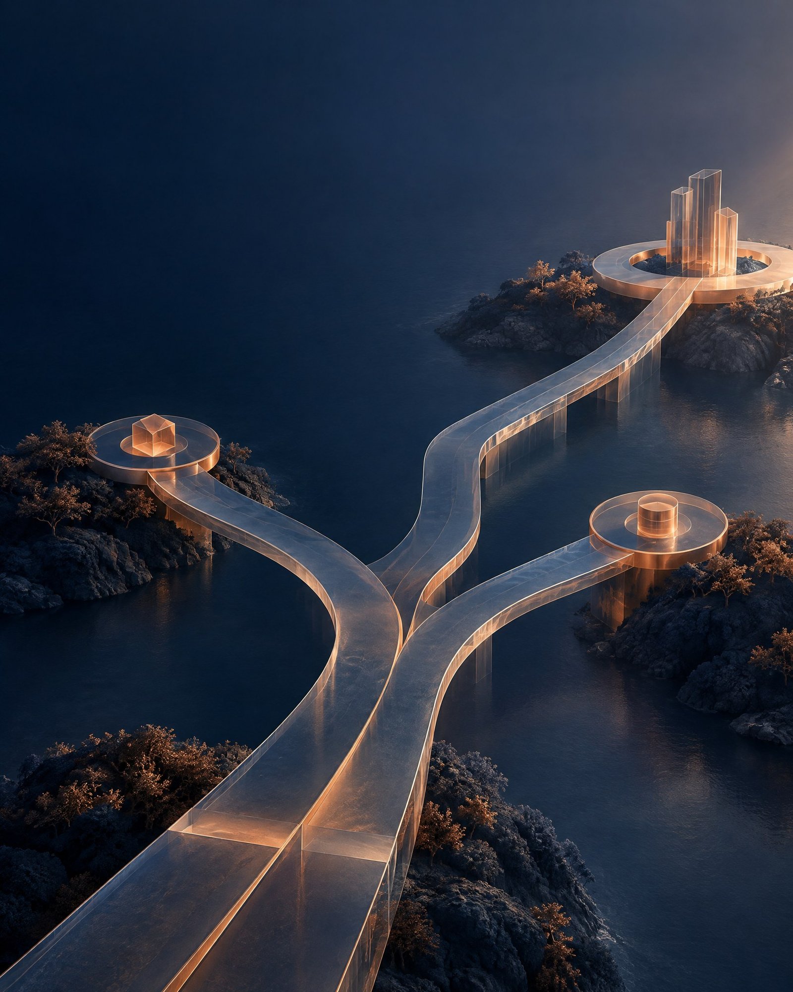 Abstract aerial view of interconnected translucent structures representing capital pathways and transaction choices in private fund secondaries.