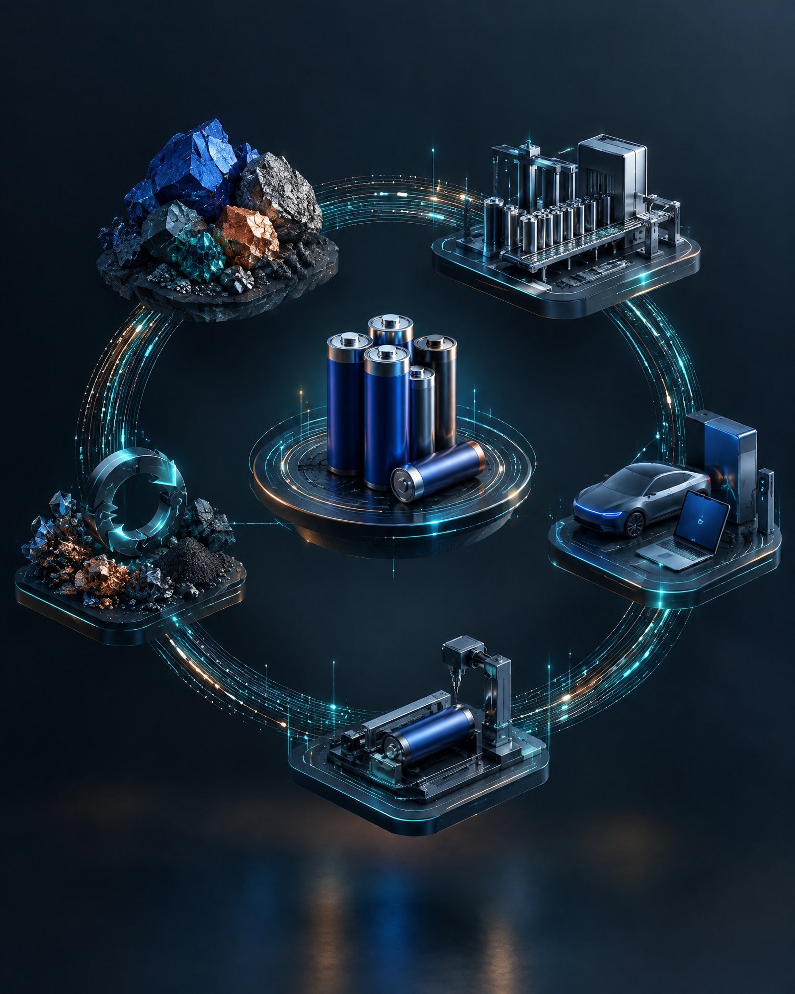 Battery Passport & Product Due-Diligence Record Architecture Abstract interconnected battery lifecycle records flowing between materials, manufacturing, use and circularity stages