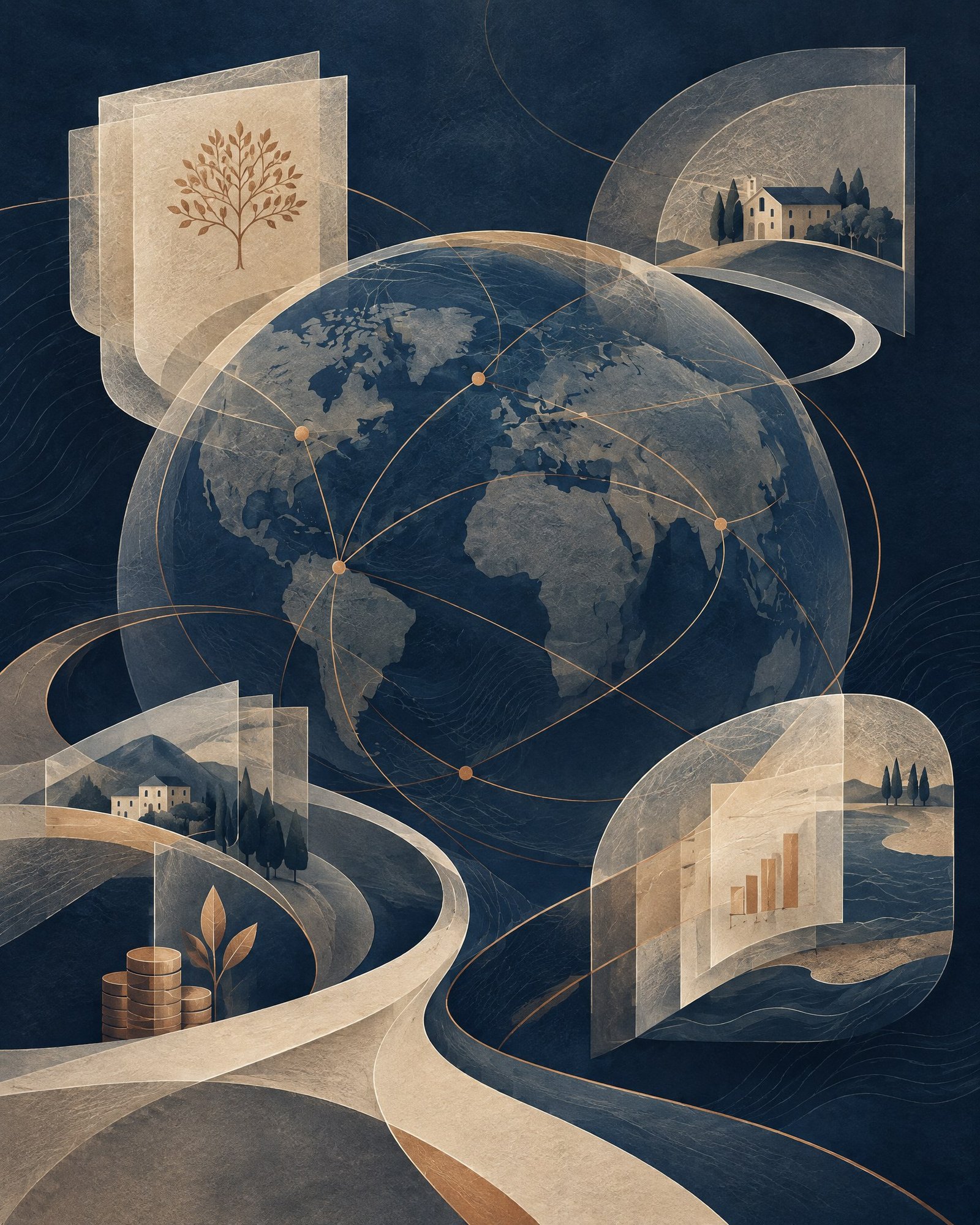 Cross-Border Succession & Forced-Heirship Coordination Abstract interconnected paths and archival forms representing cross-border succession coordination.