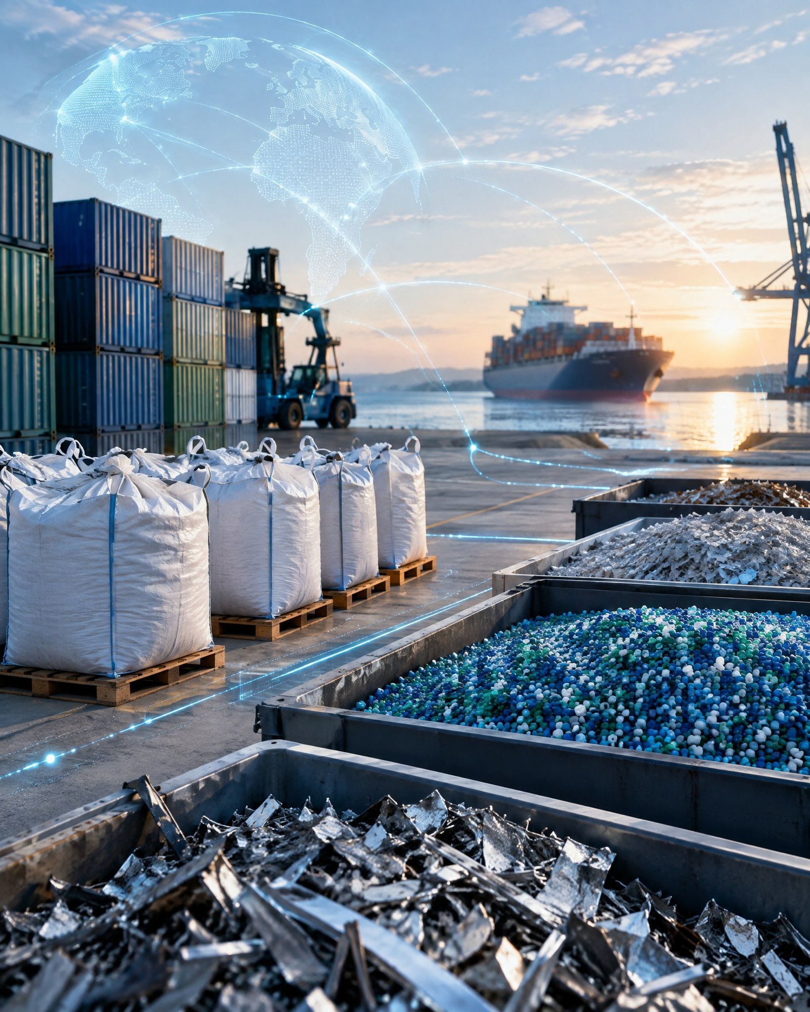 Sorted secondary materials in labelled containers moving through a modern port logistics yard.