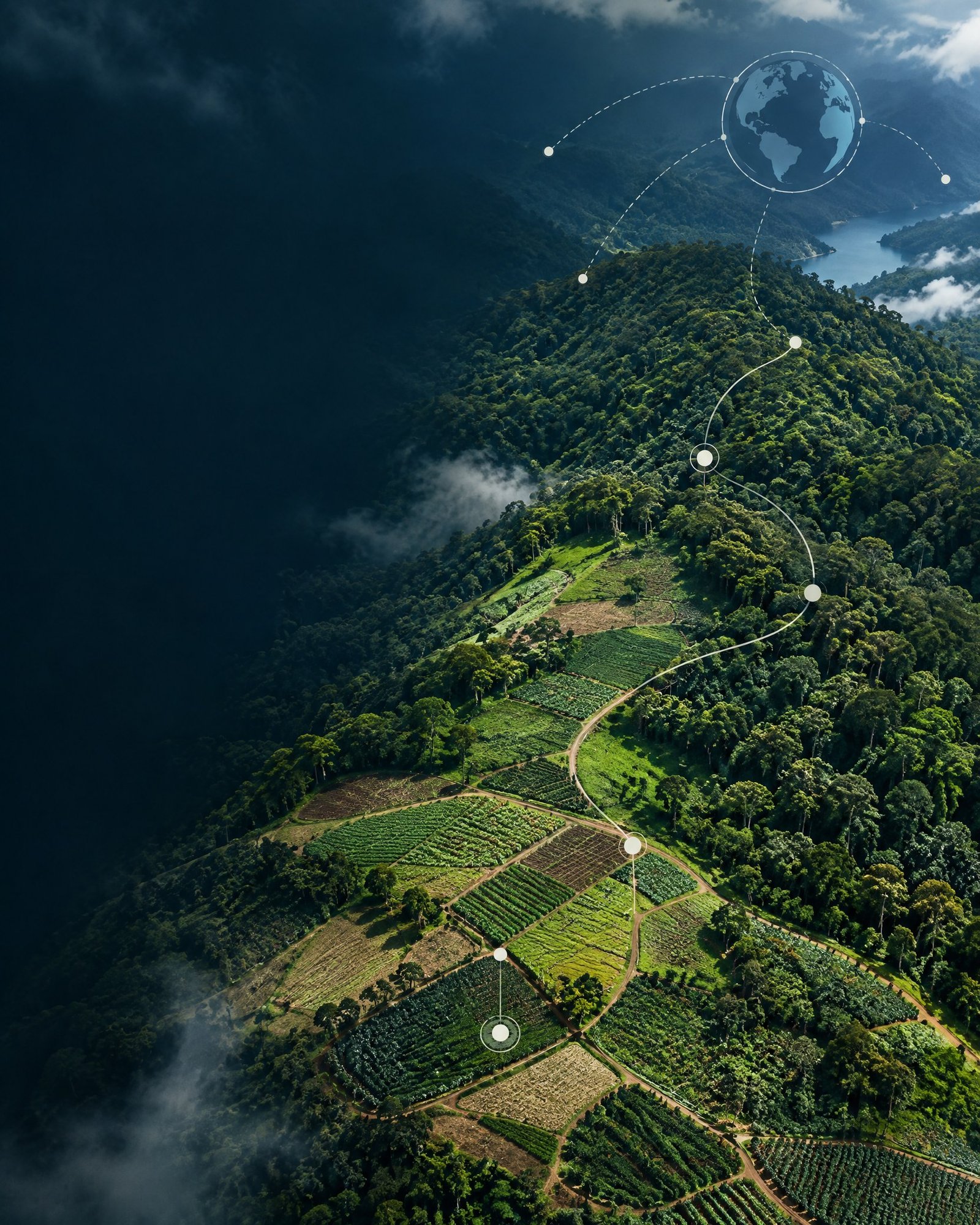 Satellite-inspired view of agricultural and forest landscapes connected by transparent supply-chain data routes