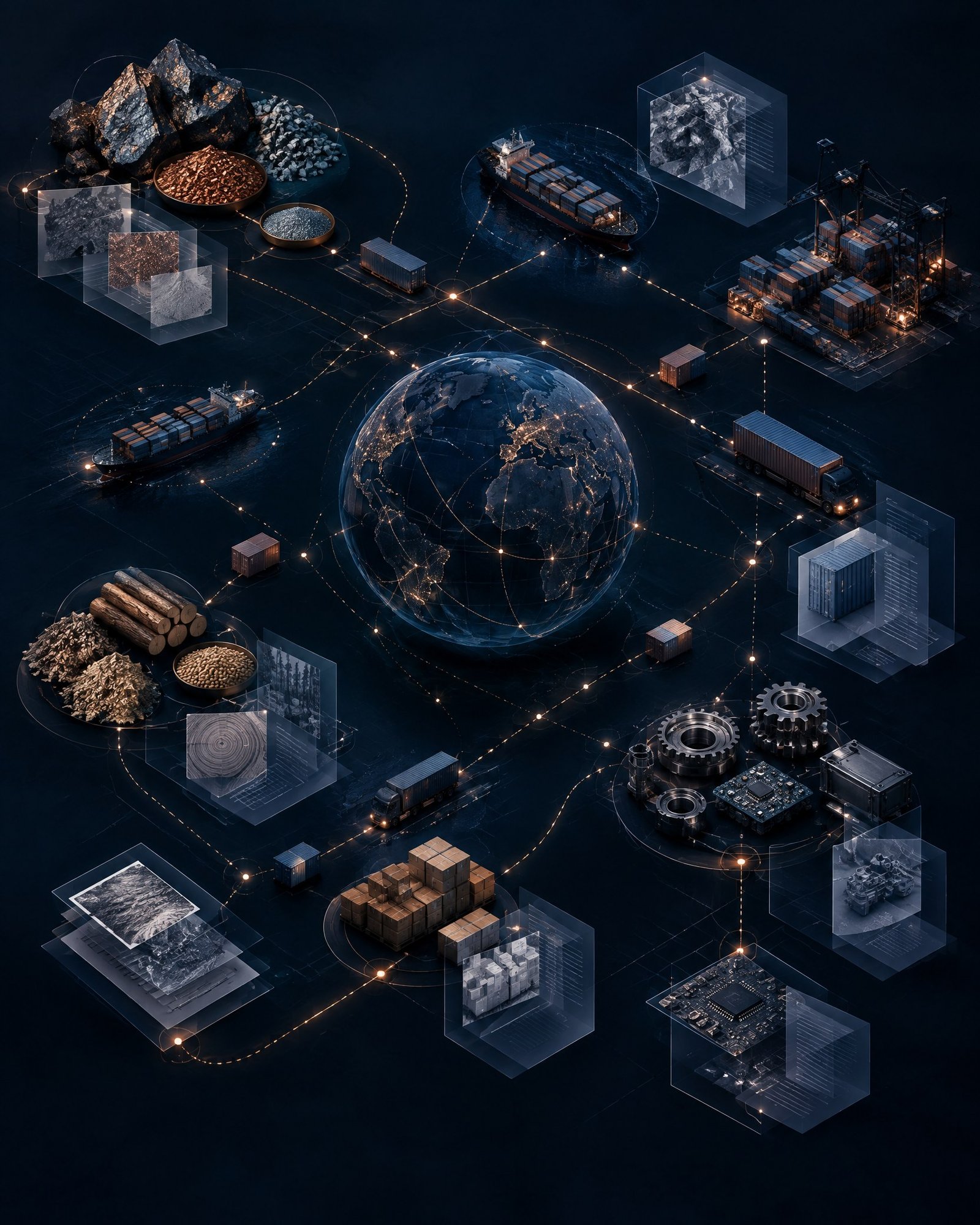 Abstract global supply-chain evidence network connecting materials, shipping containers and document trails.