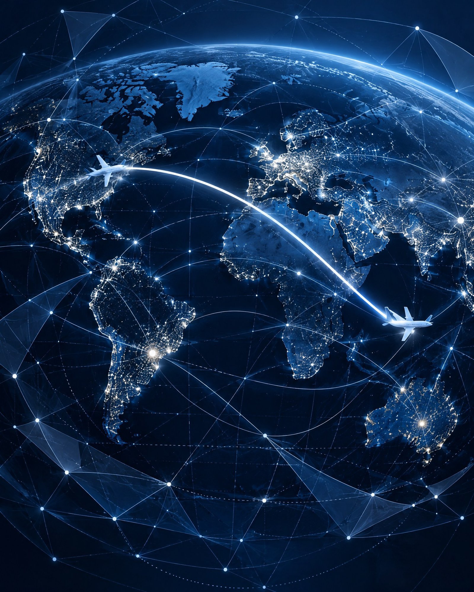 International Airline Alliance, Codeshare & Interline Agreement Architecture Abstract global air-route network connecting two generic aircraft silhouettes over a dark world grid