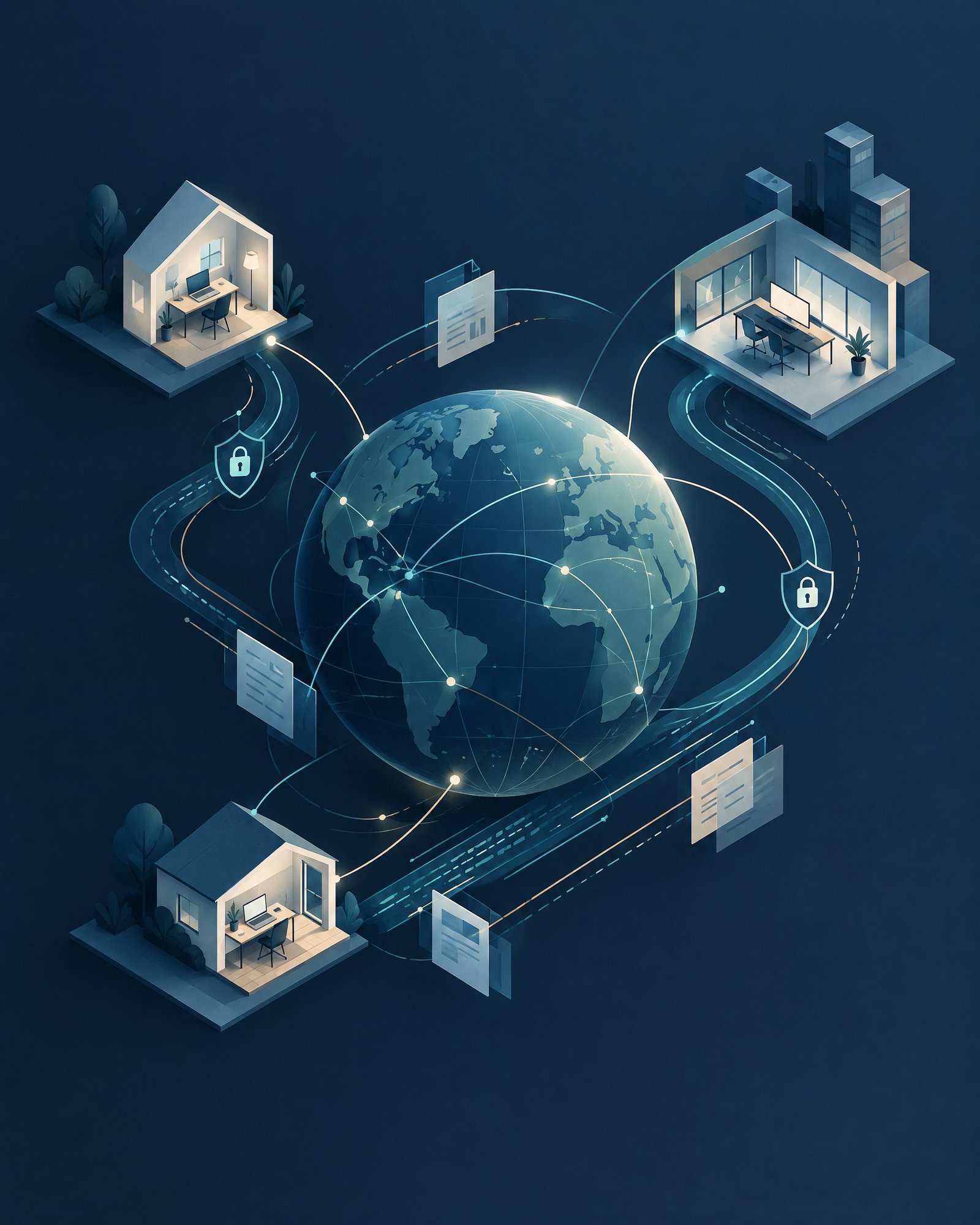 Abstract global workforce governance map with interconnected work locations and secure digital pathways