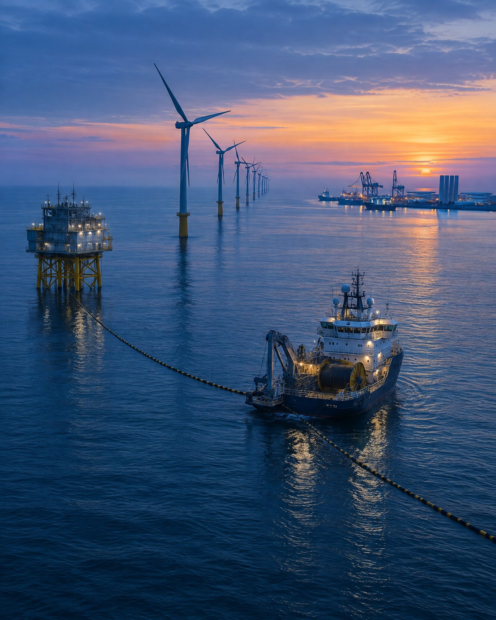 Offshore wind turbines with an offshore substation and cable-installation vessel at sea, illustrating grid connection and supply-chain coordination.