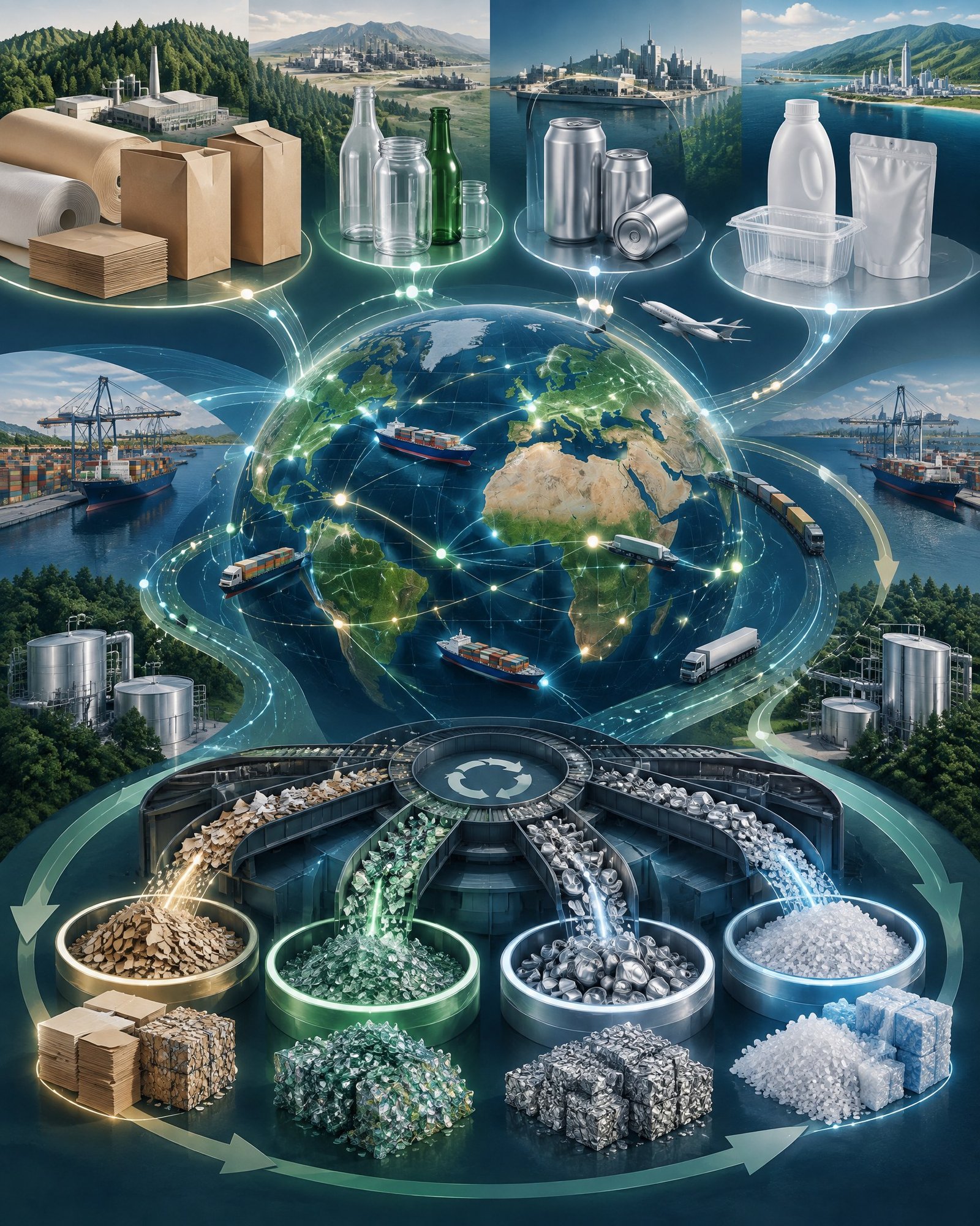 Packaging Extended Producer Responsibility & Cross-Border Compliance Abstract global packaging supply chain with material data and circular recovery flows