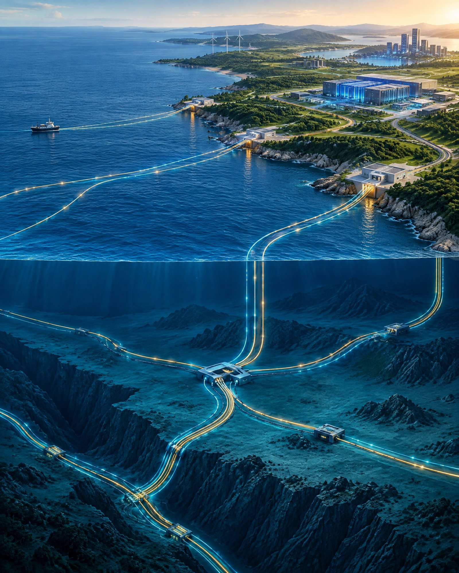 Abstract global subsea cable route network connecting coastal landing nodes and digital infrastructure, viewed from above.