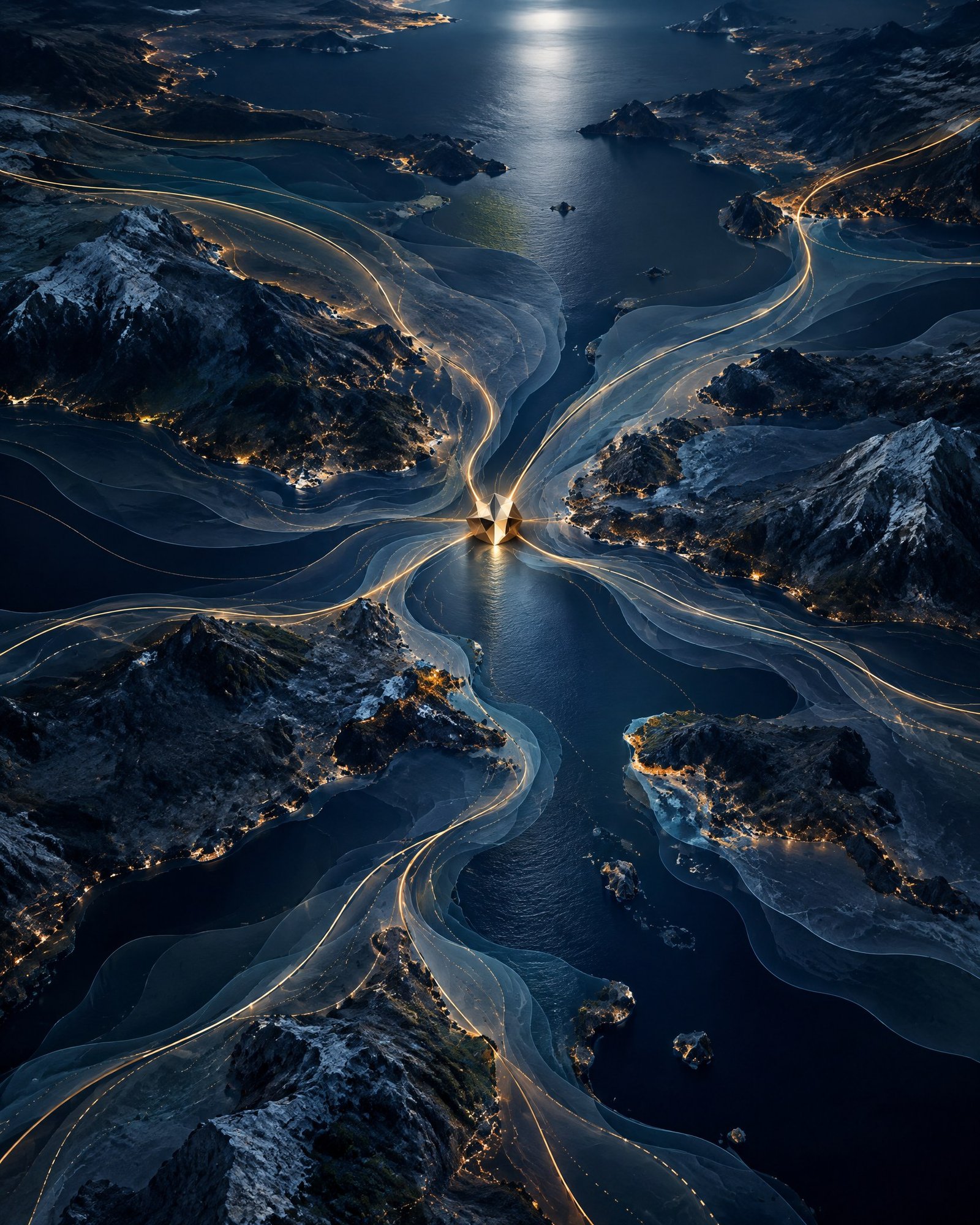 Abstract aerial network of dark-blue waterways and illuminated routes converging around a secure metallic structure, suggesting connected recovery pathways.